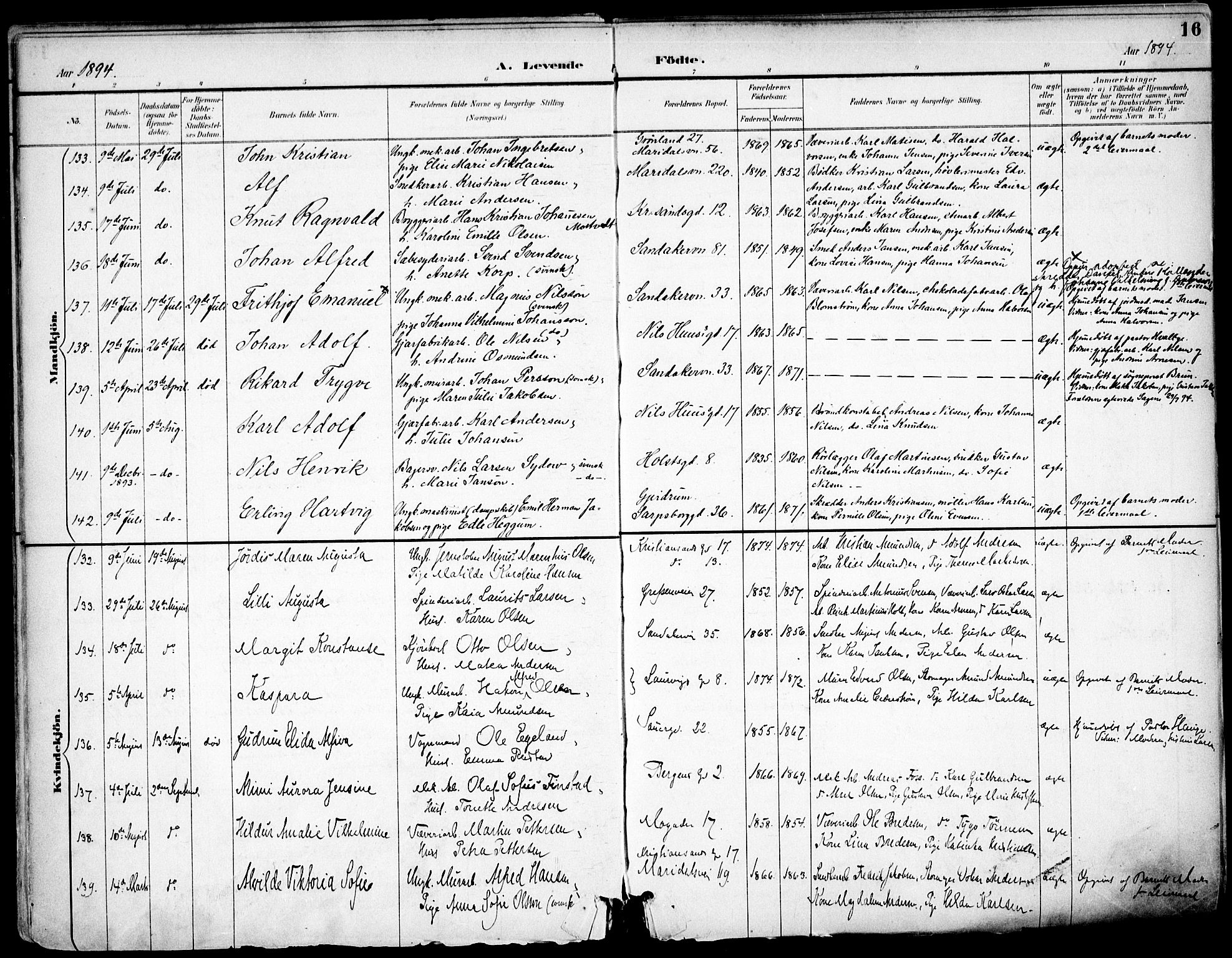 Sagene prestekontor Kirkebøker, SAO/A-10796/F/L0004: Parish register (official) no. 4, 1894-1904, p. 16