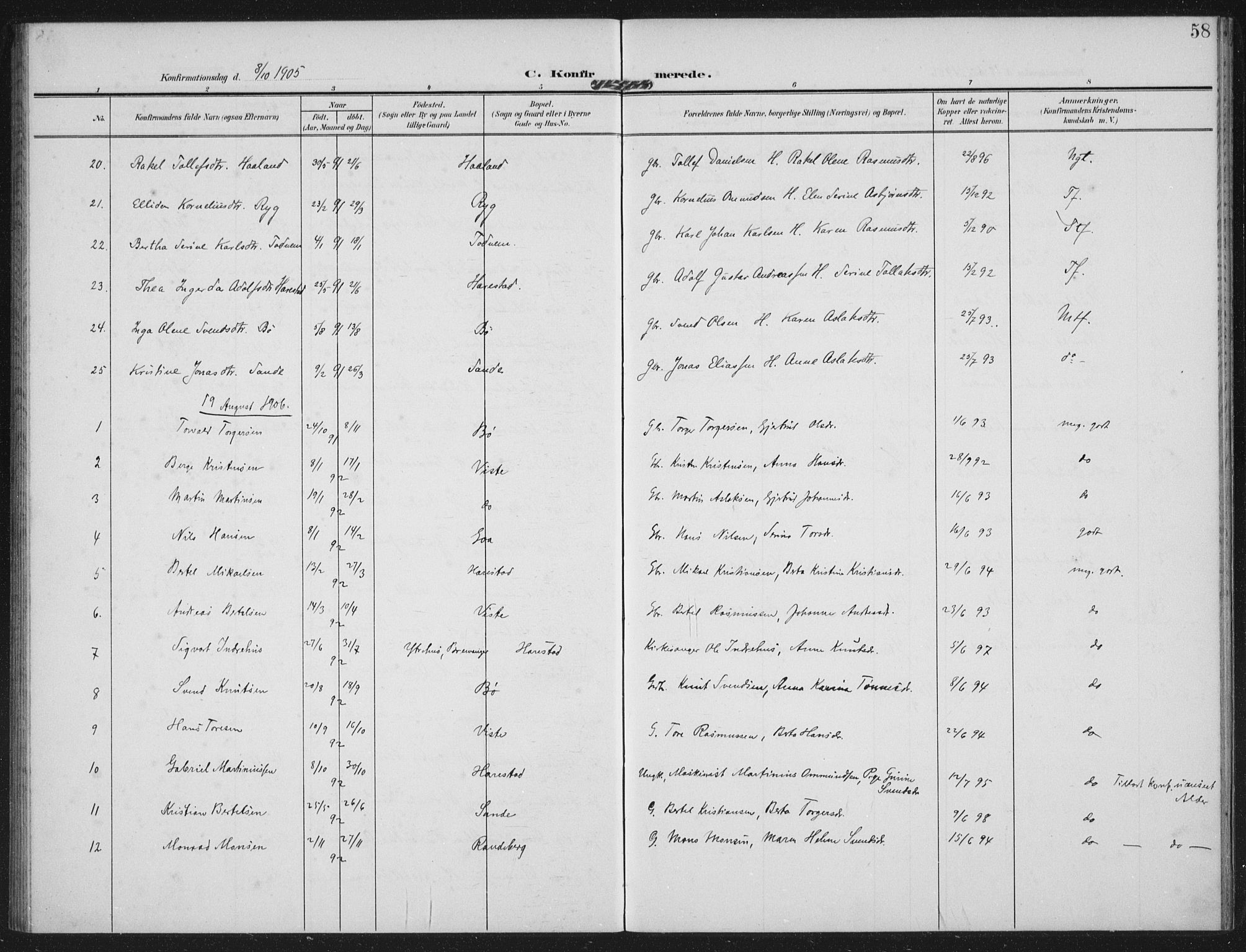 Hetland sokneprestkontor, AV/SAST-A-101826/30/30BA: Parish register (official) no. A 14, 1905-1919, p. 58