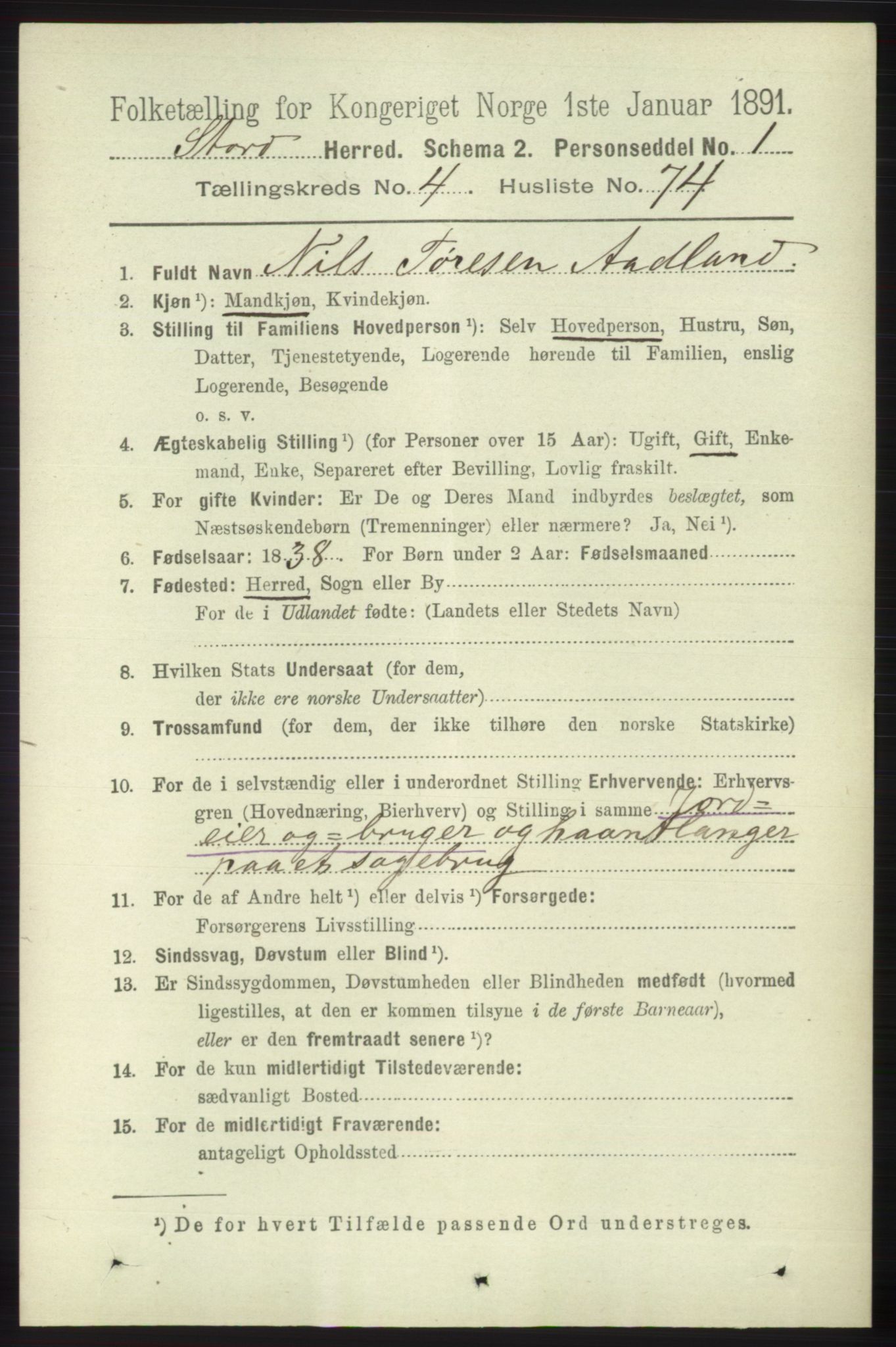 RA, 1891 census for 1221 Stord, 1891, p. 1575