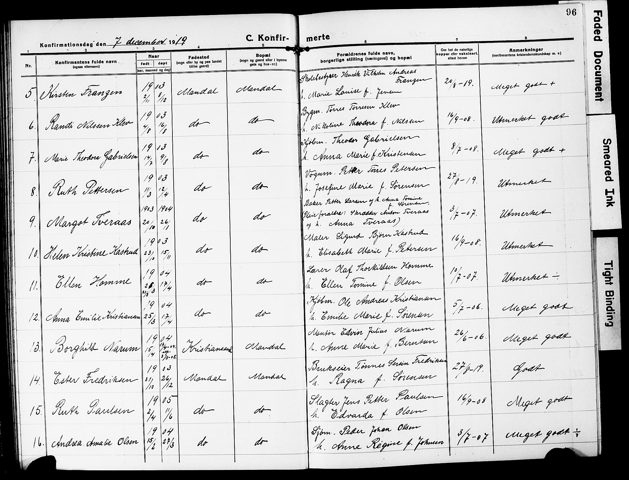 Mandal sokneprestkontor, AV/SAK-1111-0030/F/Fb/Fbc/L0001: Parish register (copy) no. B 1, 1918-1931, p. 96