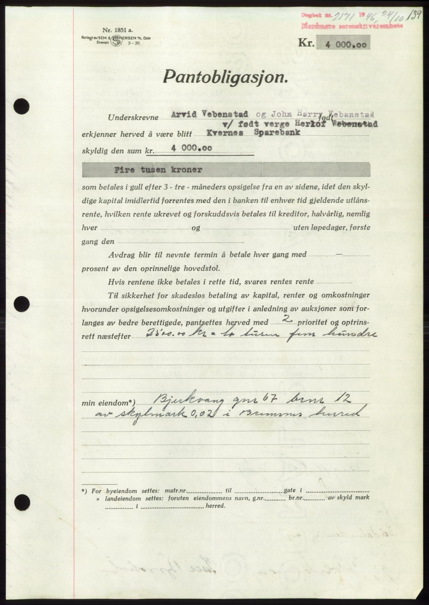 Nordmøre sorenskriveri, AV/SAT-A-4132/1/2/2Ca: Mortgage book no. B95, 1946-1947, Diary no: : 2171/1946