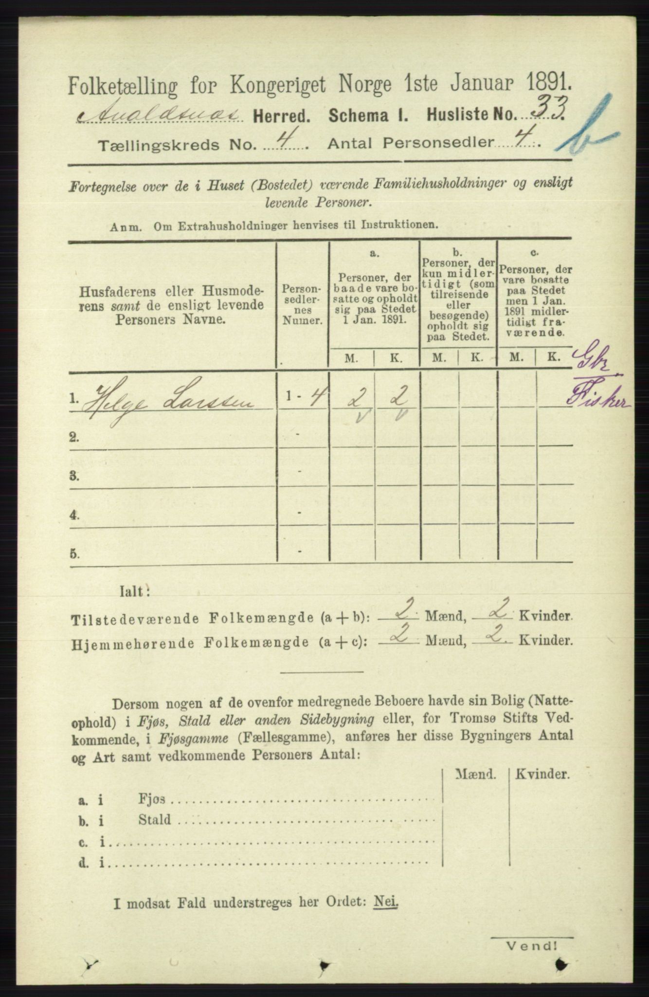 RA, 1891 census for 1147 Avaldsnes, 1891, p. 2818