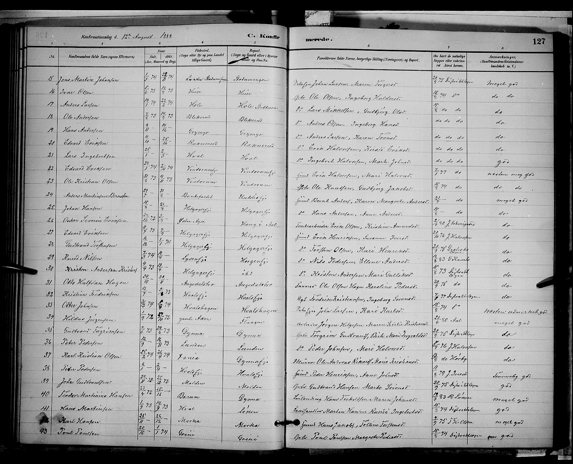Gran prestekontor, SAH/PREST-112/H/Ha/Hab/L0002: Parish register (copy) no. 2, 1879-1892, p. 127