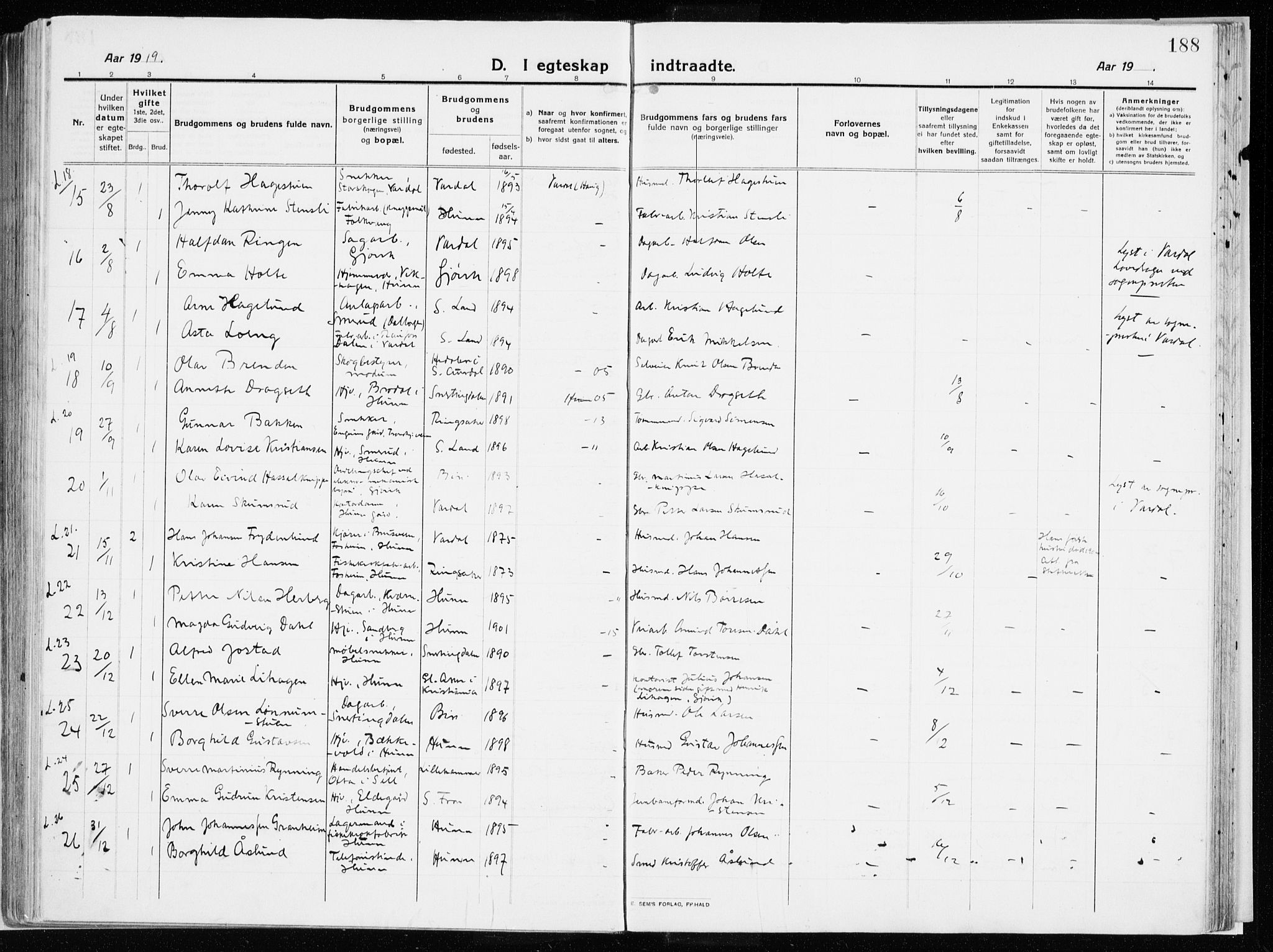 Vardal prestekontor, SAH/PREST-100/H/Ha/Haa/L0017: Parish register (official) no. 17, 1915-1929, p. 188