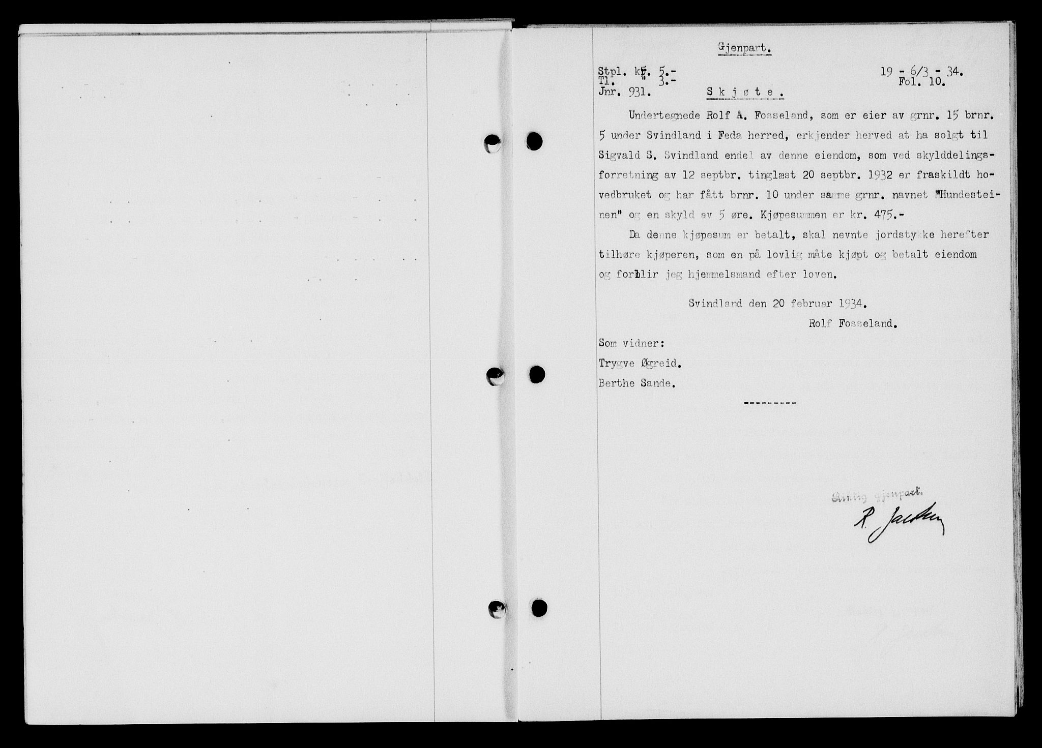 Flekkefjord sorenskriveri, AV/SAK-1221-0001/G/Gb/Gba/L0049: Mortgage book no. 46, 1933-1934, Deed date: 06.03.1934