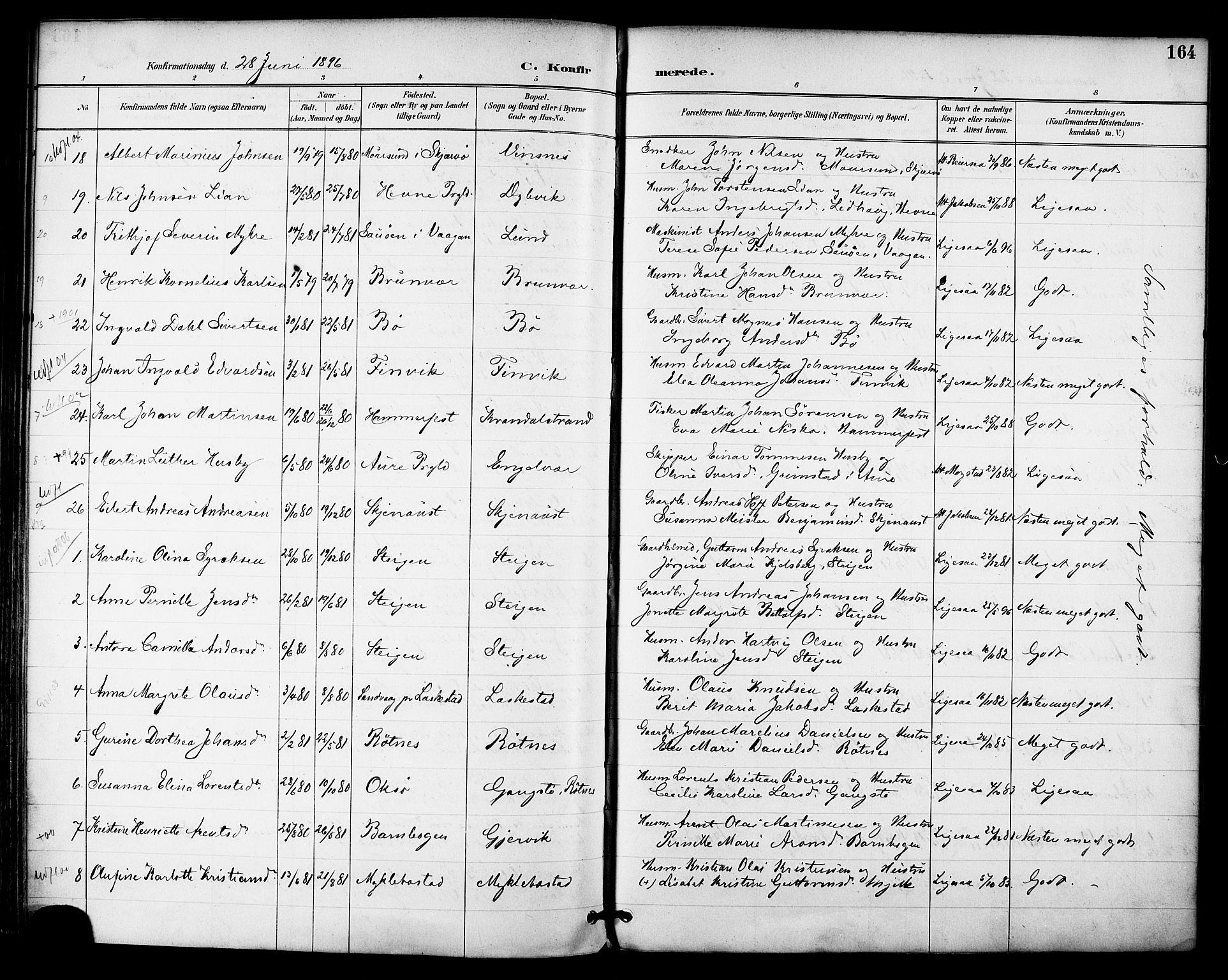 Ministerialprotokoller, klokkerbøker og fødselsregistre - Nordland, AV/SAT-A-1459/855/L0803: Parish register (official) no. 855A11, 1887-1905, p. 164