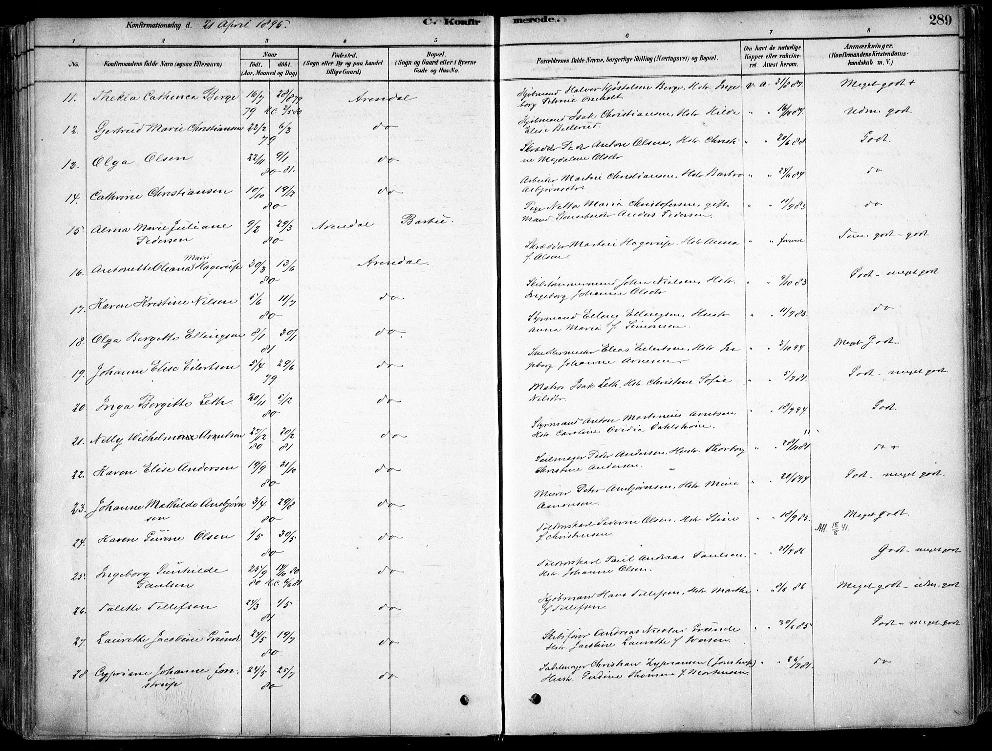 Arendal sokneprestkontor, Trefoldighet, AV/SAK-1111-0040/F/Fa/L0008: Parish register (official) no. A 8, 1878-1899, p. 289