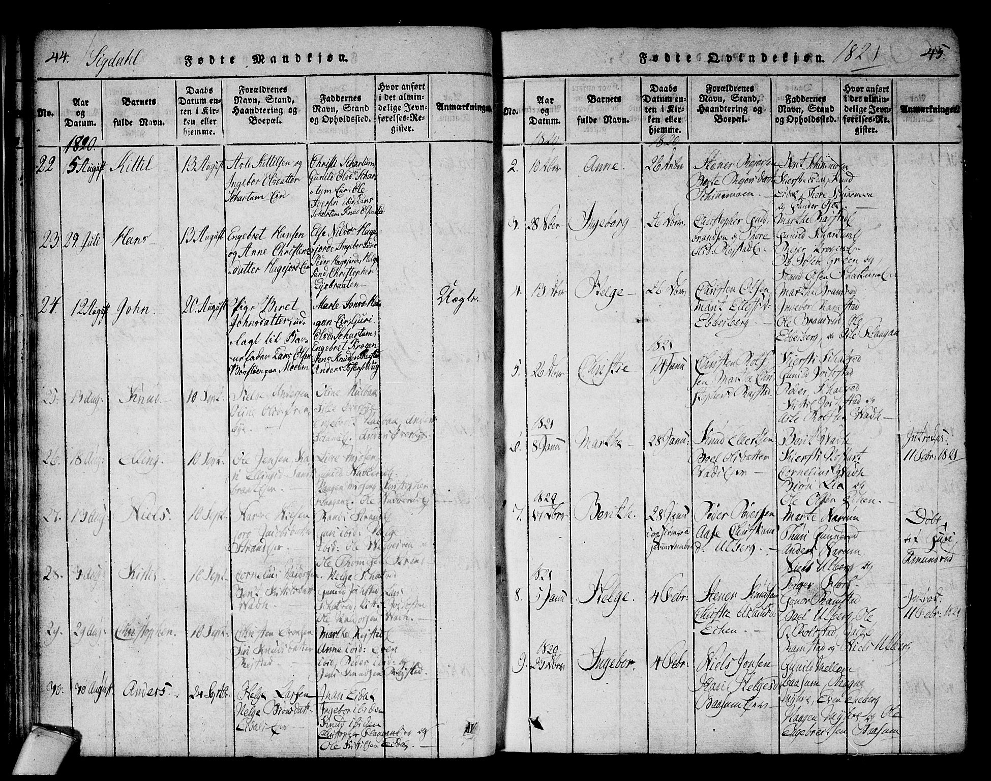 Sigdal kirkebøker, AV/SAKO-A-245/F/Fa/L0005: Parish register (official) no. I 5 /1, 1815-1829, p. 44-45