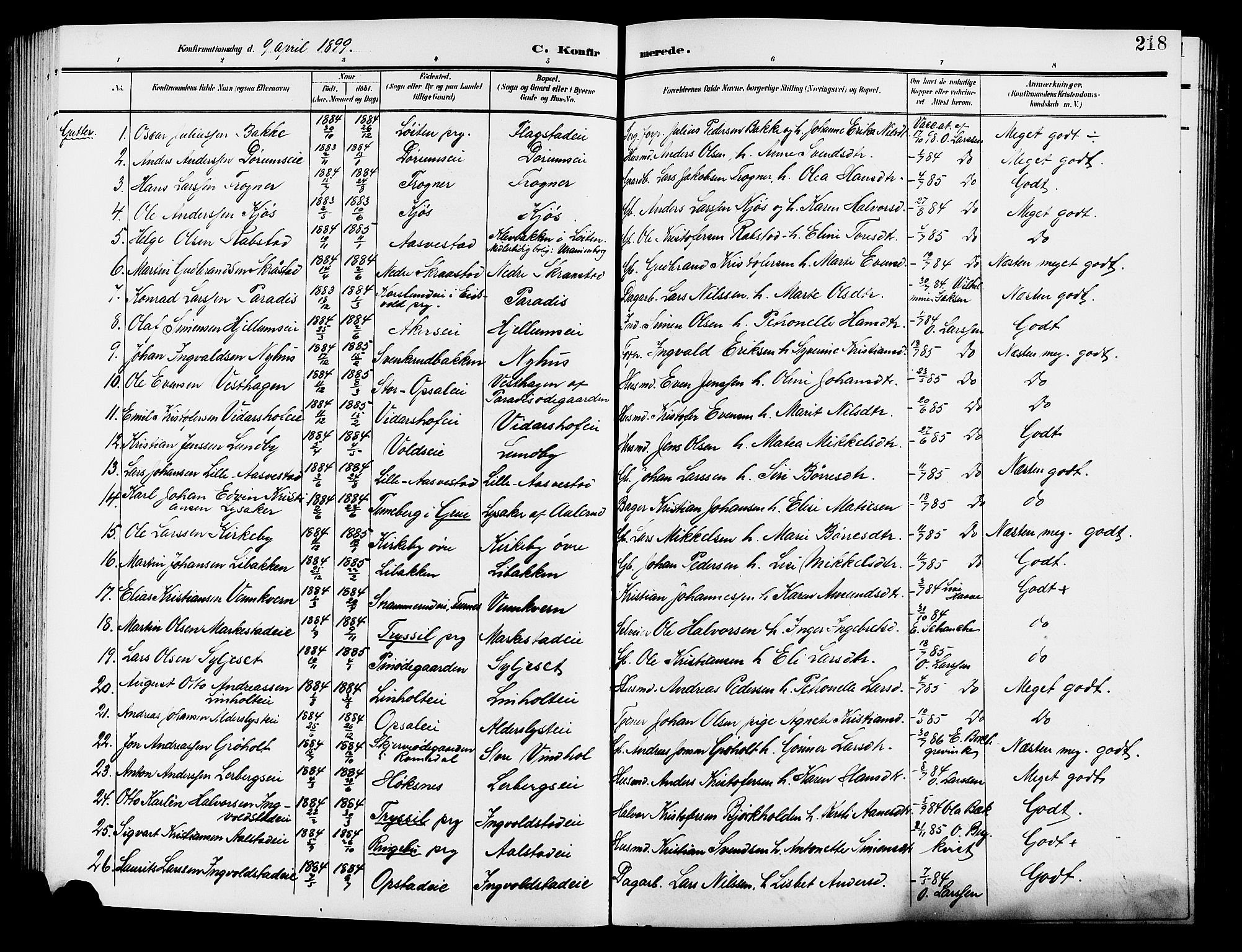Vang prestekontor, Hedmark, SAH/PREST-008/H/Ha/Hab/L0014: Parish register (copy) no. 14, 1896-1914, p. 218