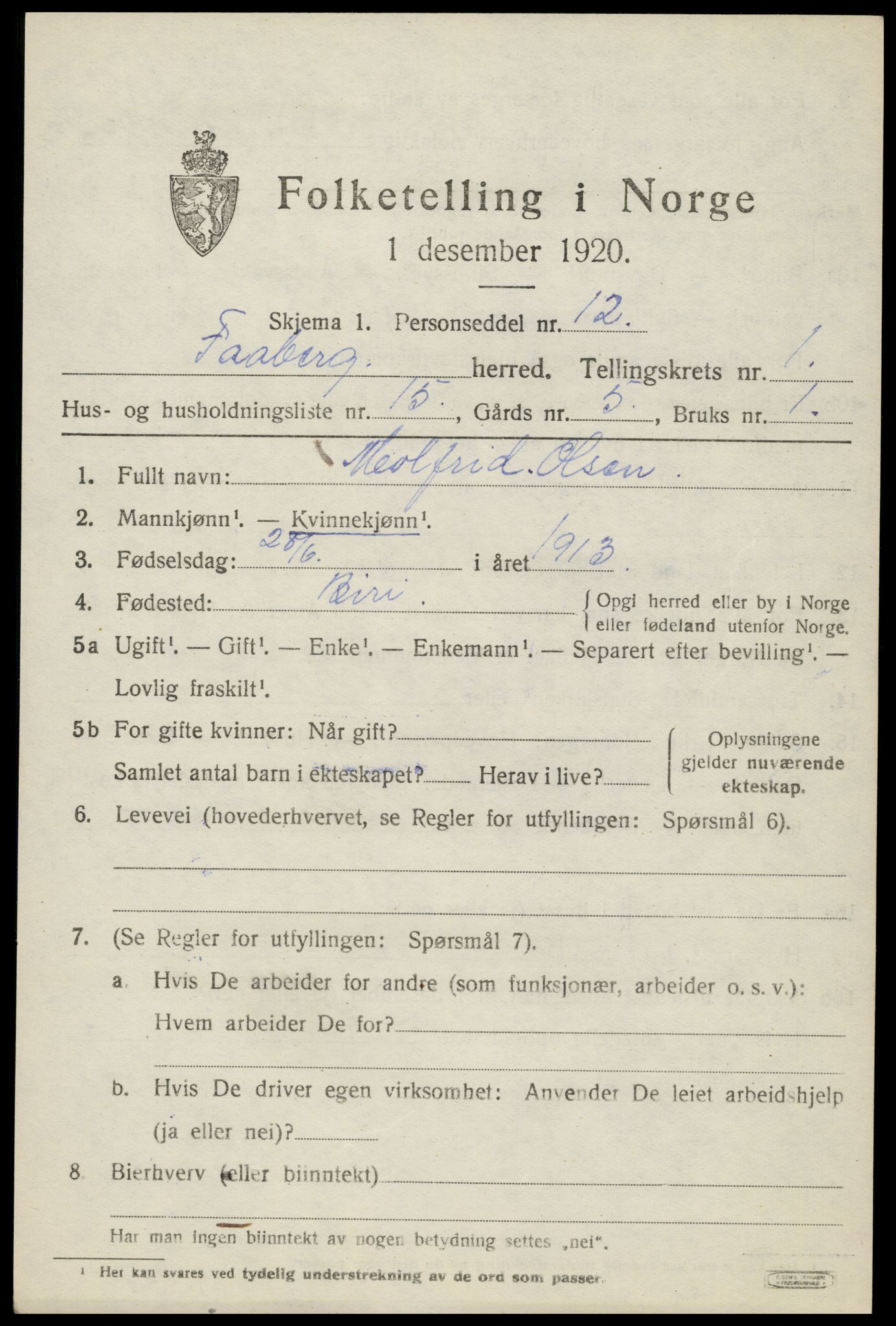 SAH, 1920 census for Fåberg, 1920, p. 2434