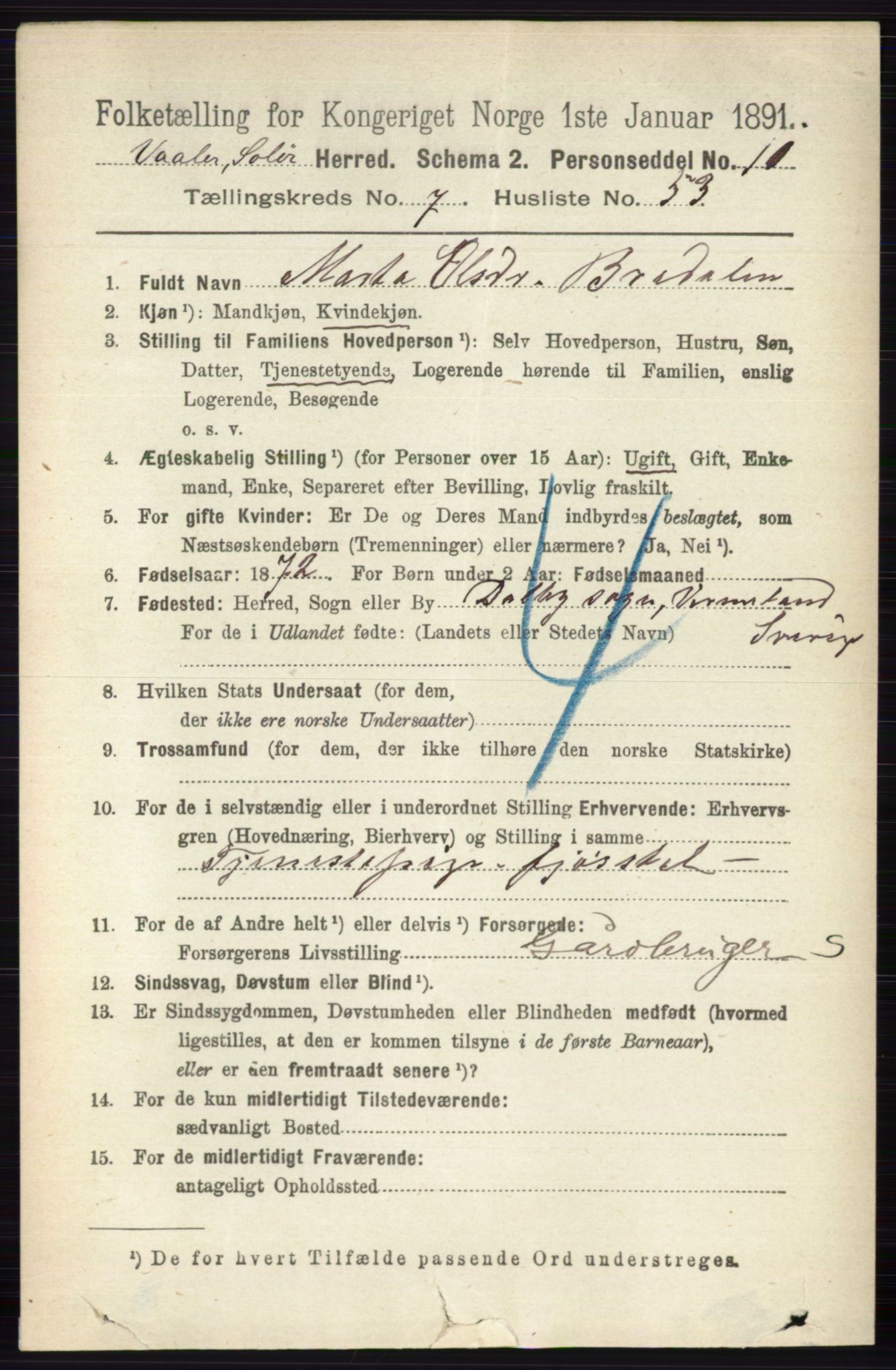 RA, 1891 census for 0426 Våler, 1891, p. 3256