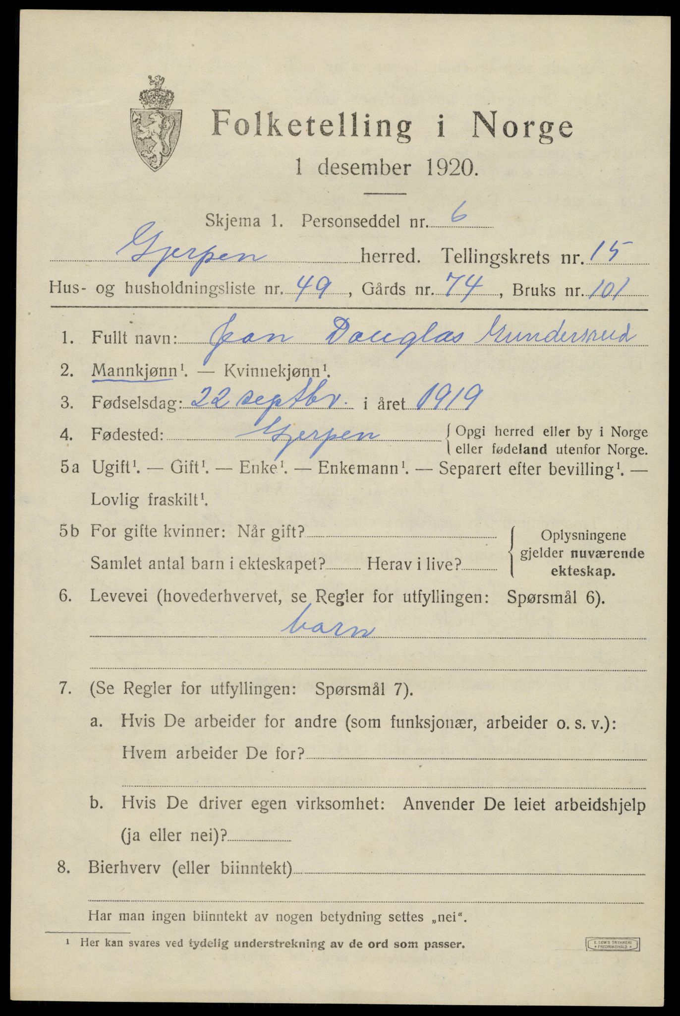 SAKO, 1920 census for Gjerpen, 1920, p. 17844