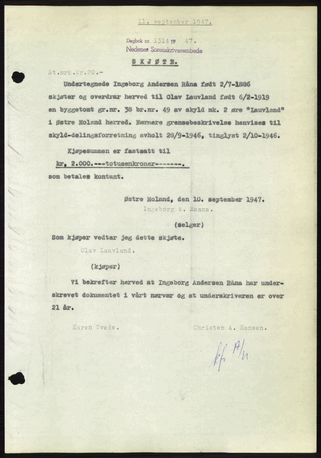 Nedenes sorenskriveri, AV/SAK-1221-0006/G/Gb/Gba/L0058: Mortgage book no. A10, 1947-1948, Diary no: : 1314/1947