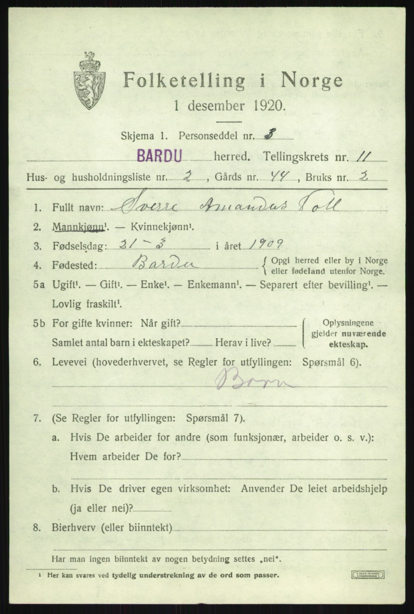 SATØ, 1920 census for Bardu, 1920, p. 3499