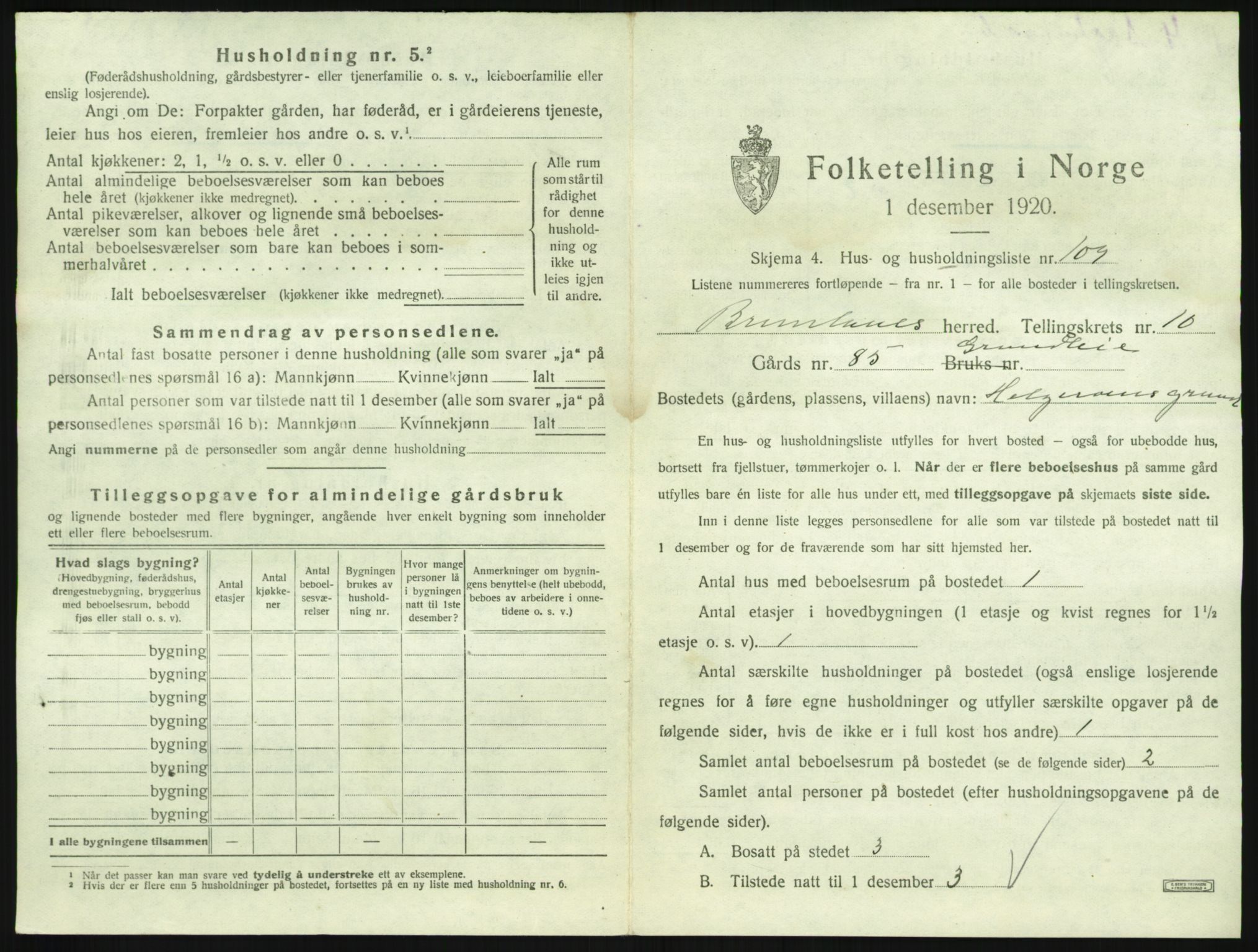 SAKO, 1920 census for Brunlanes, 1920, p. 1463