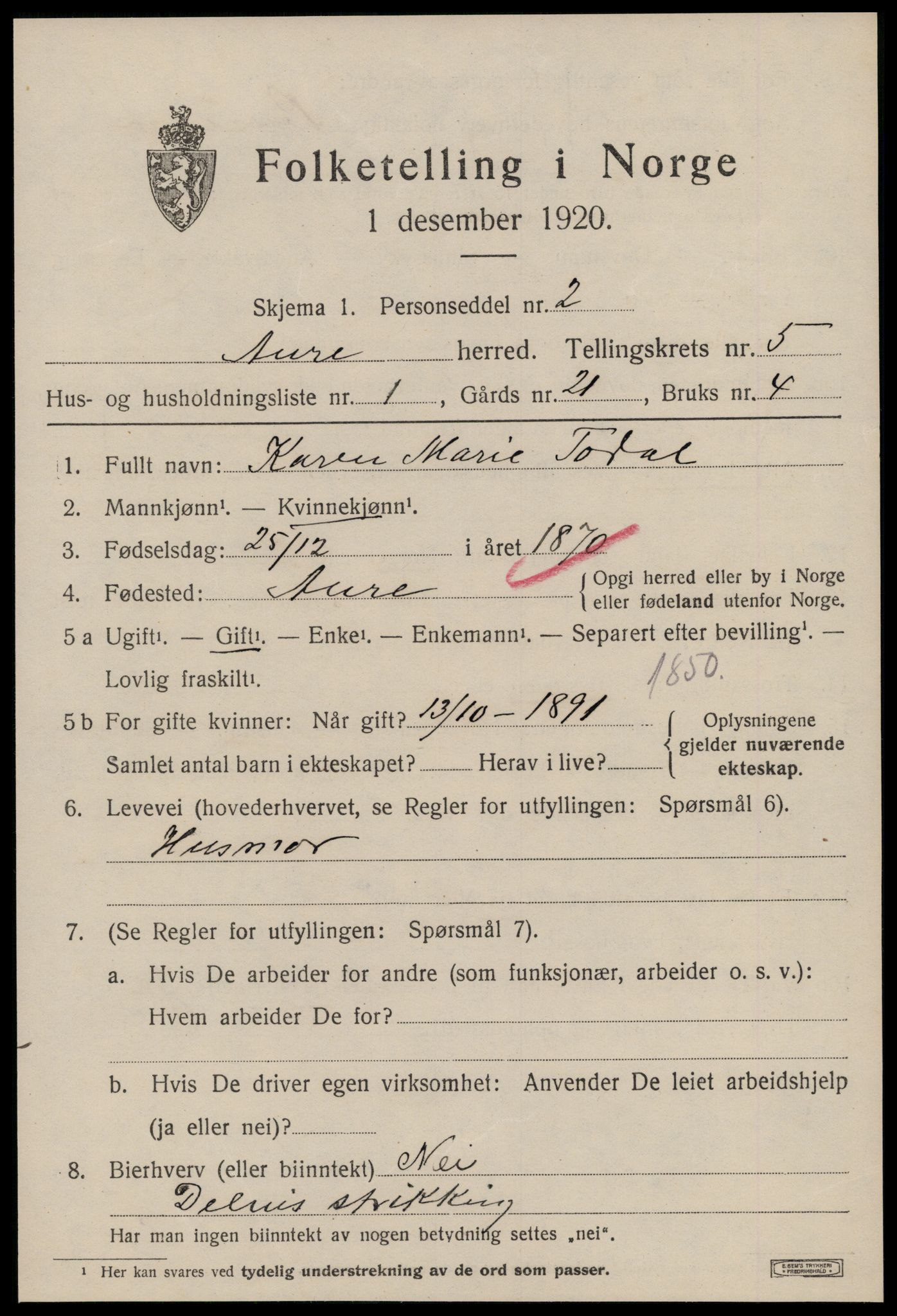 SAT, 1920 census for Aure, 1920, p. 2170