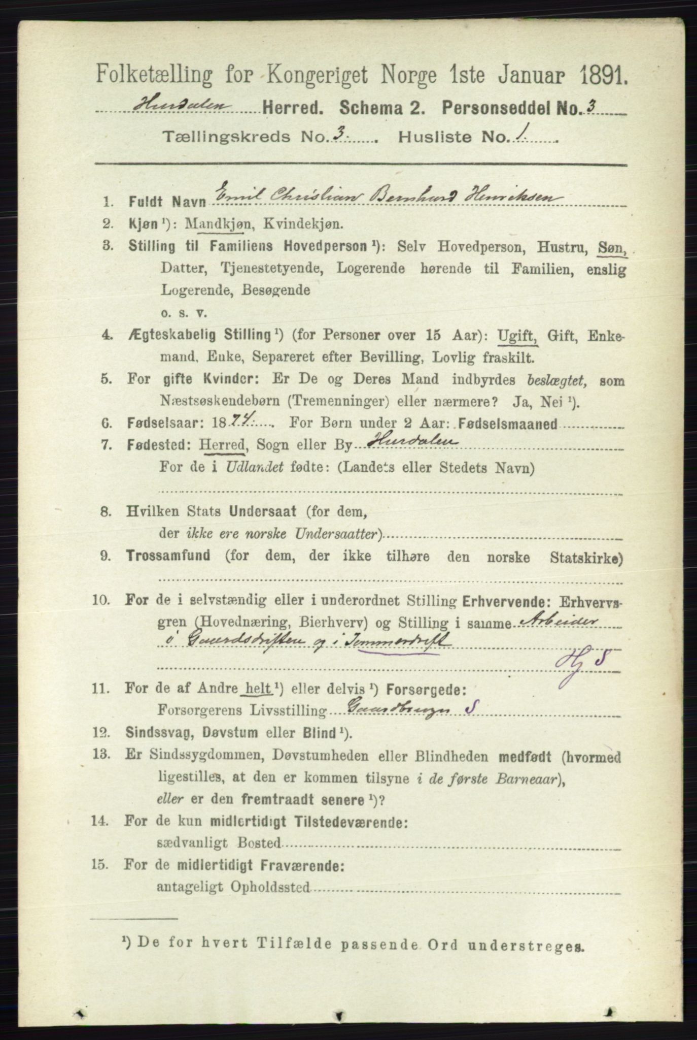 RA, 1891 census for 0239 Hurdal, 1891, p. 1031