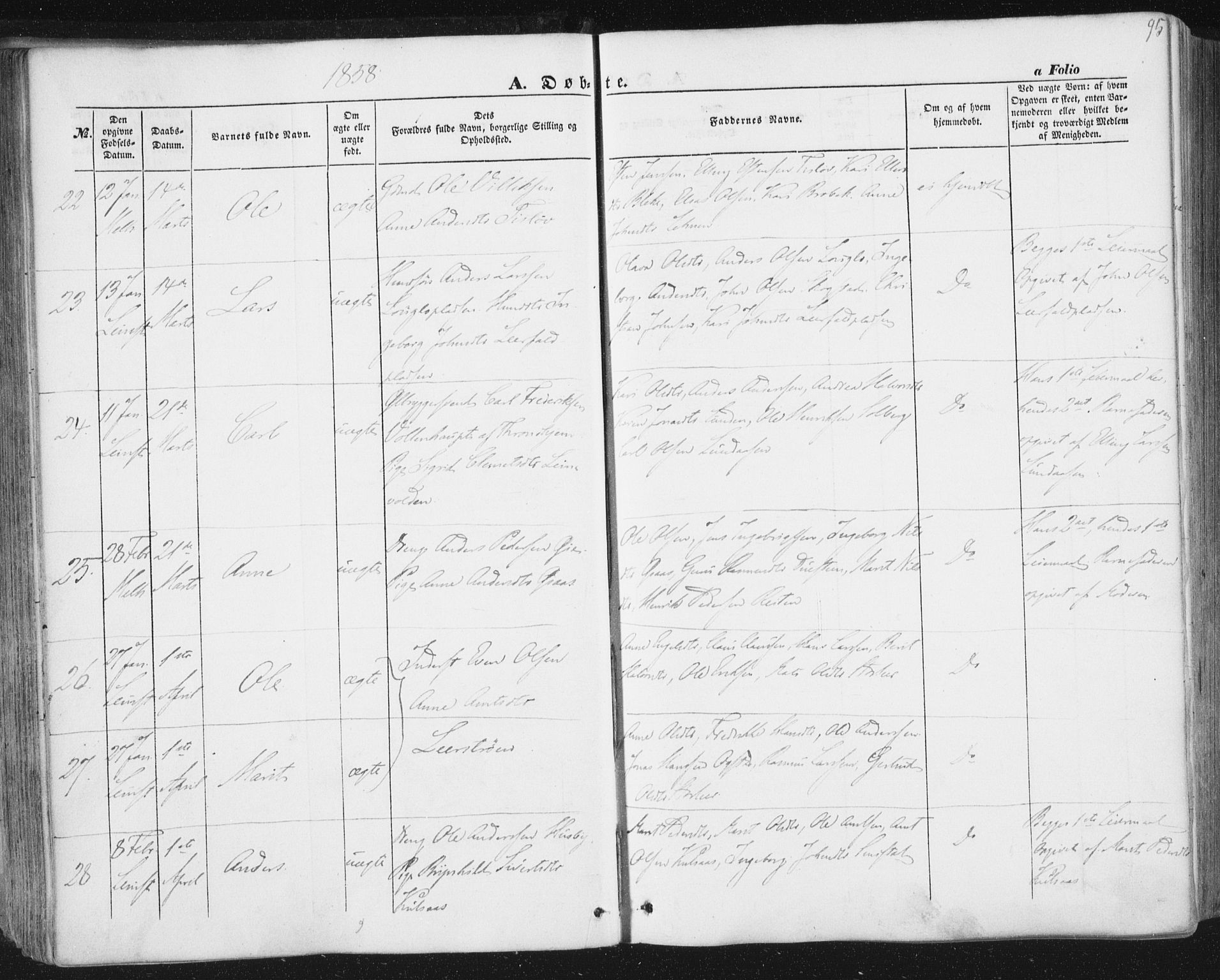 Ministerialprotokoller, klokkerbøker og fødselsregistre - Sør-Trøndelag, AV/SAT-A-1456/691/L1076: Parish register (official) no. 691A08, 1852-1861, p. 95