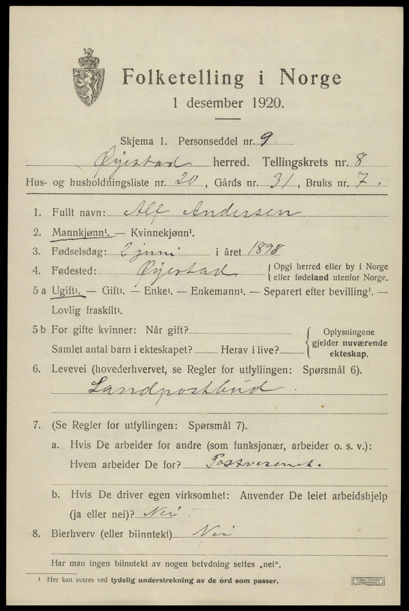 SAK, 1920 census for Øyestad, 1920, p. 5414