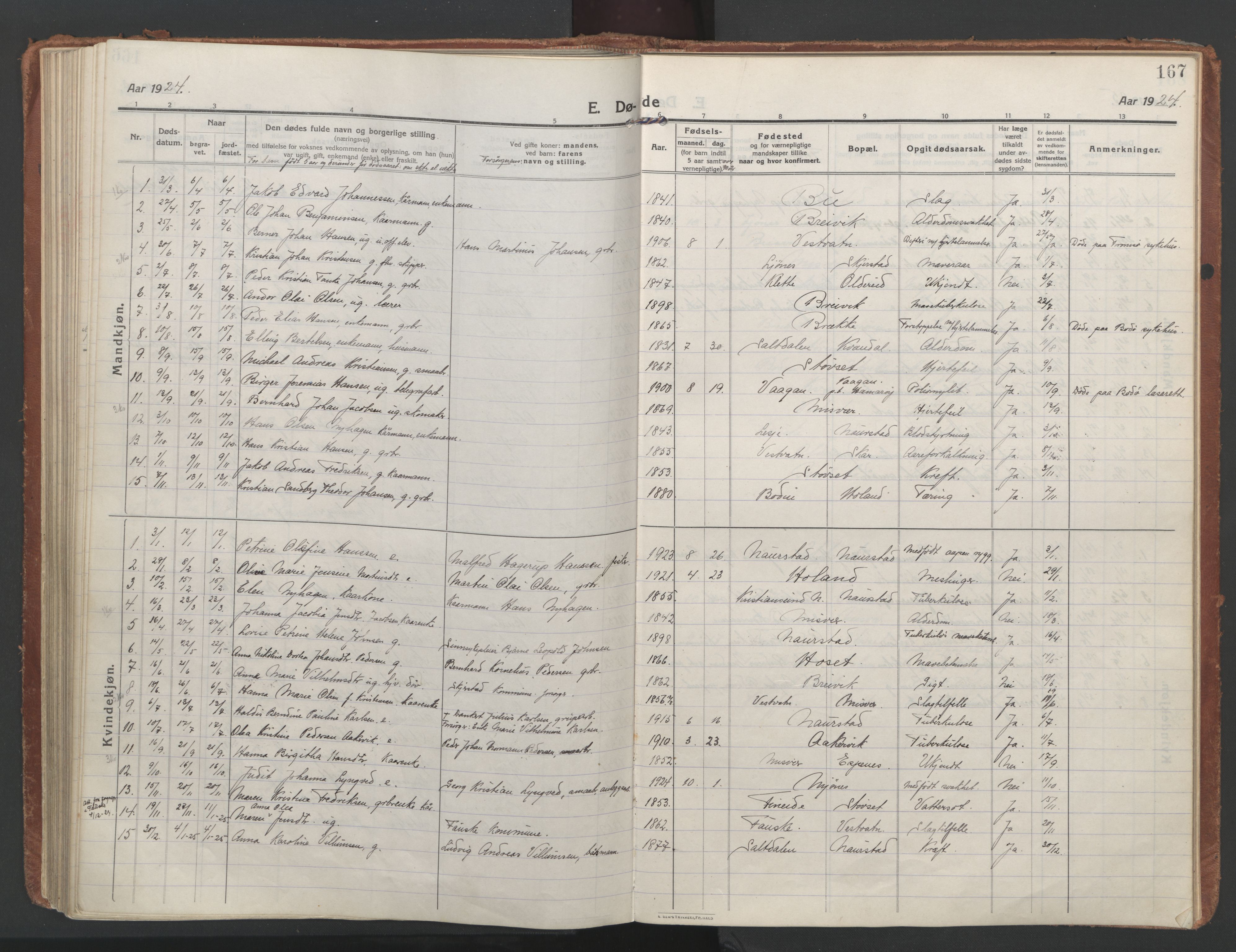 Ministerialprotokoller, klokkerbøker og fødselsregistre - Nordland, SAT/A-1459/852/L0748: Parish register (official) no. 852A18, 1913-1932, p. 167