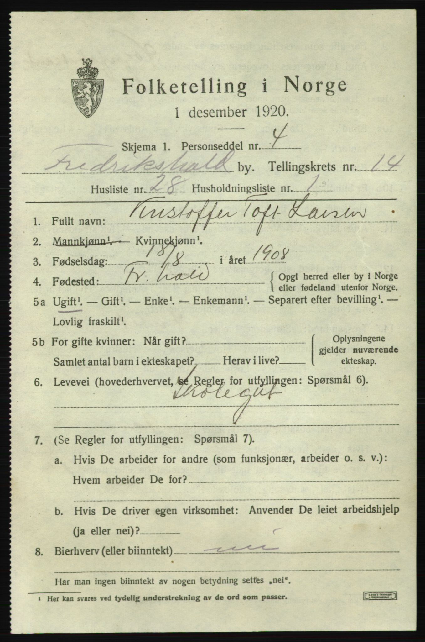 SAO, 1920 census for Fredrikshald, 1920, p. 23045