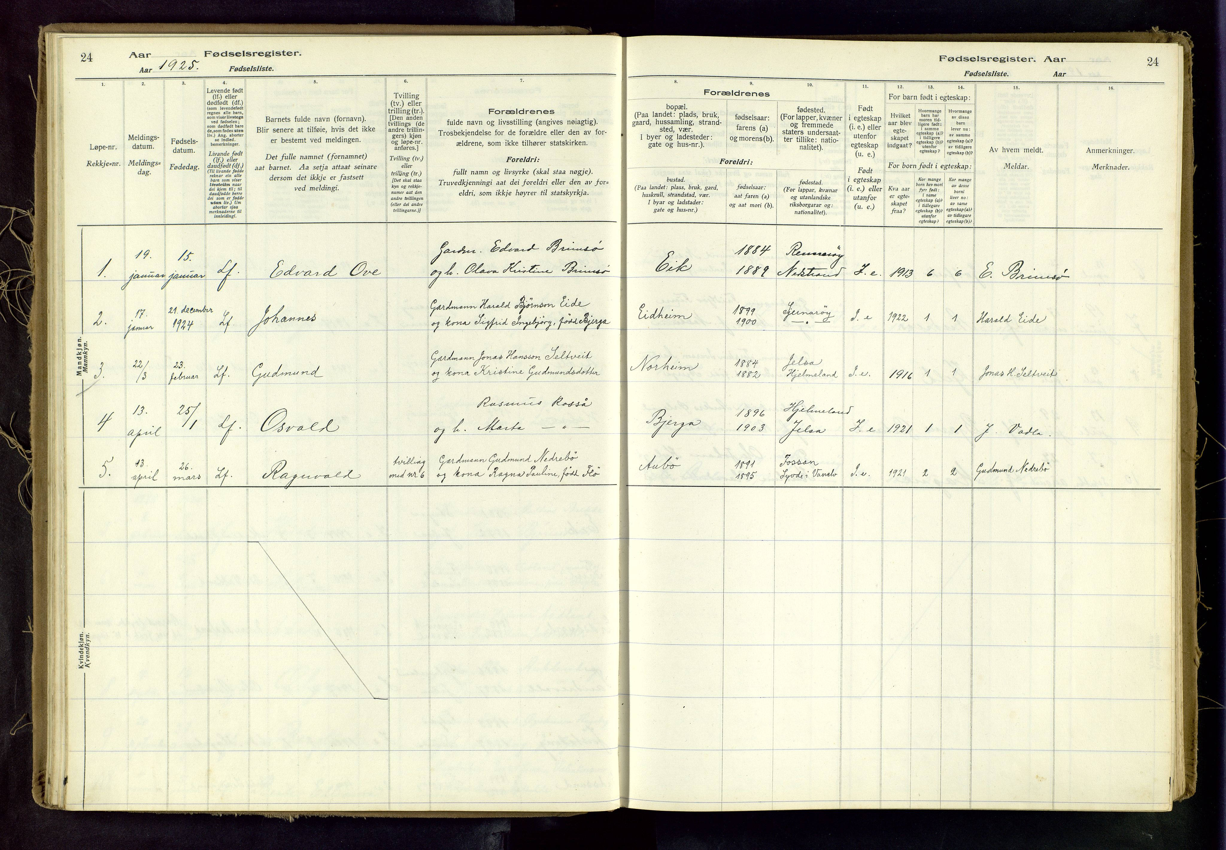 Nedstrand sokneprestkontor, AV/SAST-A-101841/03/A/L0001: Birth register no. 1, 1916-1982, p. 24