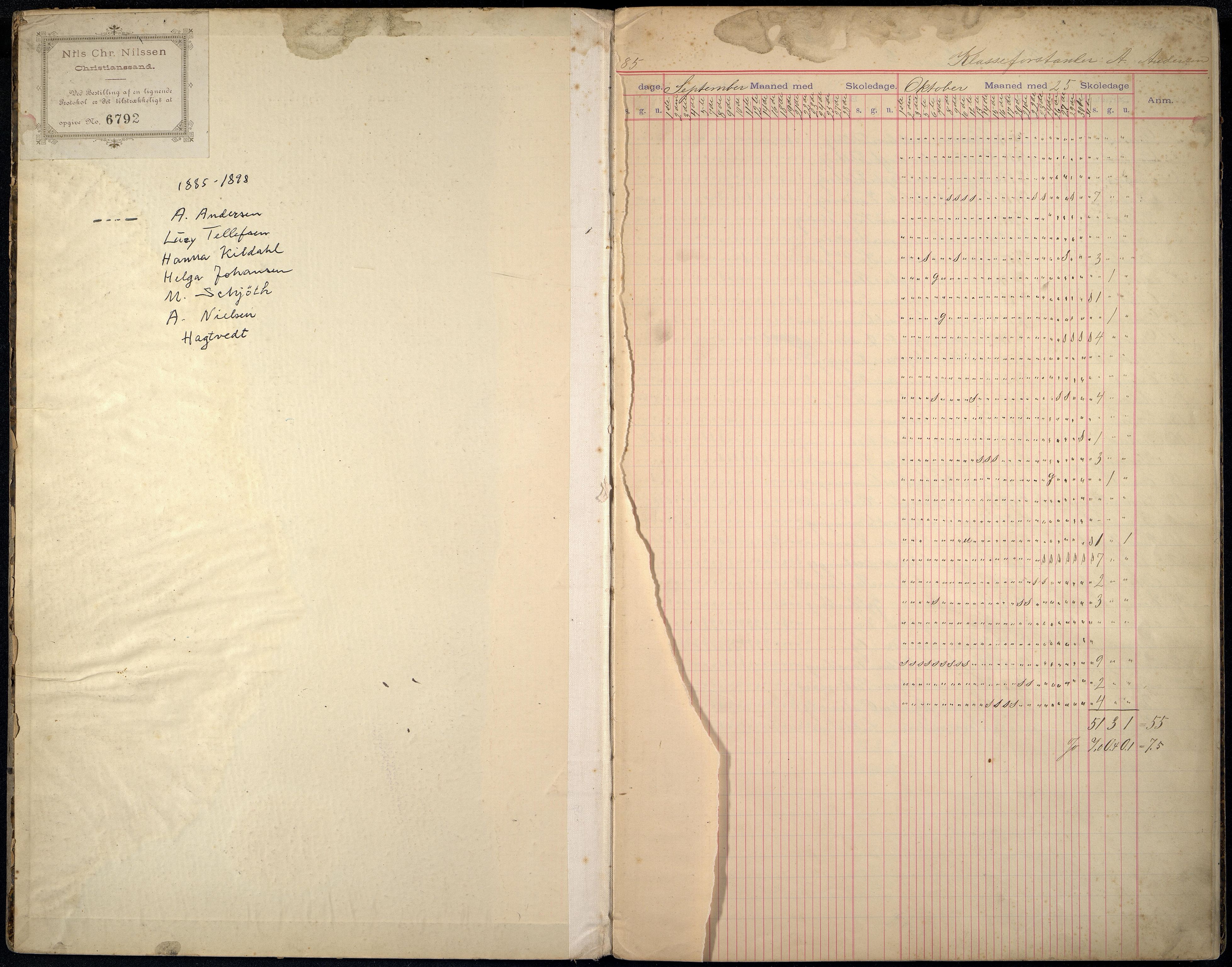 Kristiansand By - Skolekommisjonen/ -Styret, ARKSOR/1001KG510/I/Ia/L0001: Fraværsdagbok for klasse 1B, 2 C og E, 3A, 1885-1898