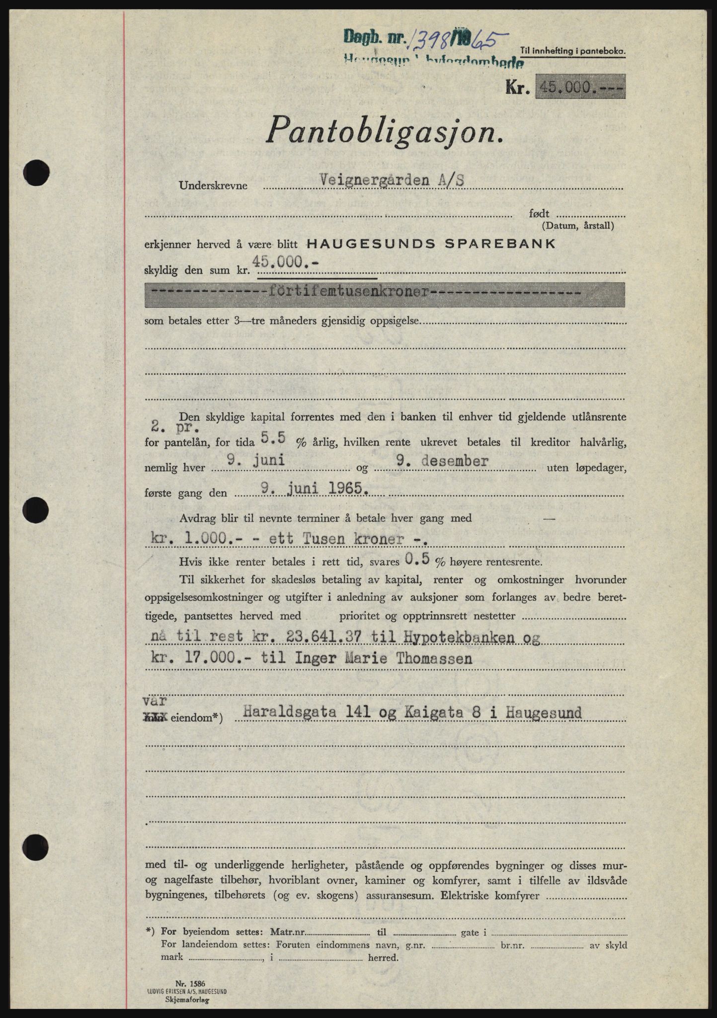 Haugesund tingrett, SAST/A-101415/01/II/IIC/L0053: Mortgage book no. B 53, 1965-1965, Diary no: : 1398/1965
