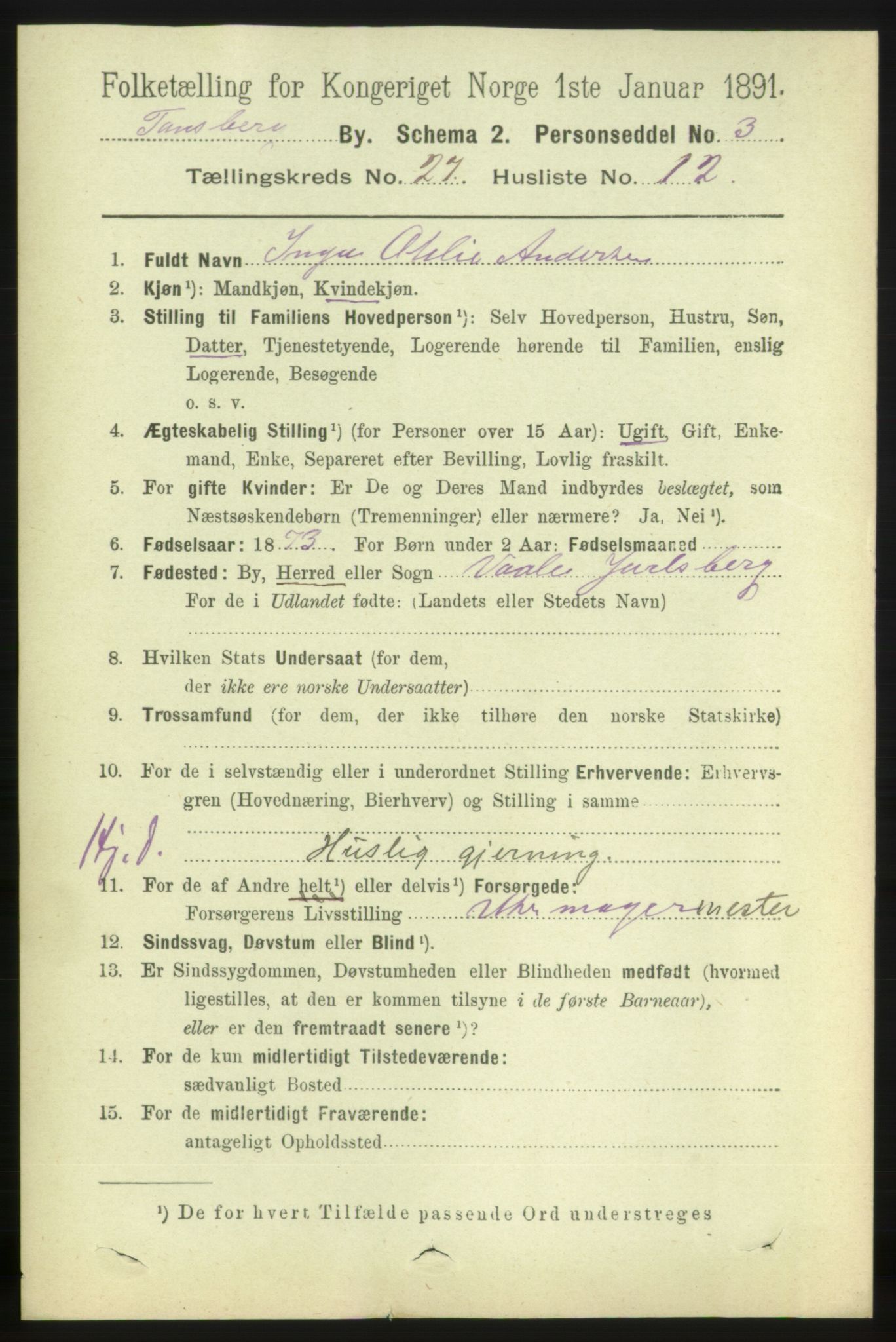 RA, 1891 census for 0705 Tønsberg, 1891, p. 6904