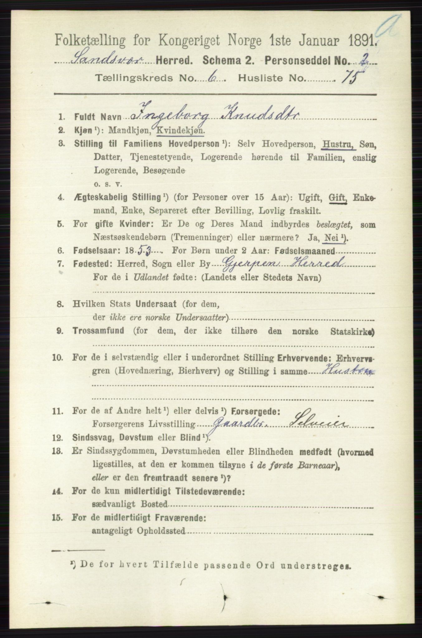 RA, 1891 census for 0629 Sandsvær, 1891, p. 3875