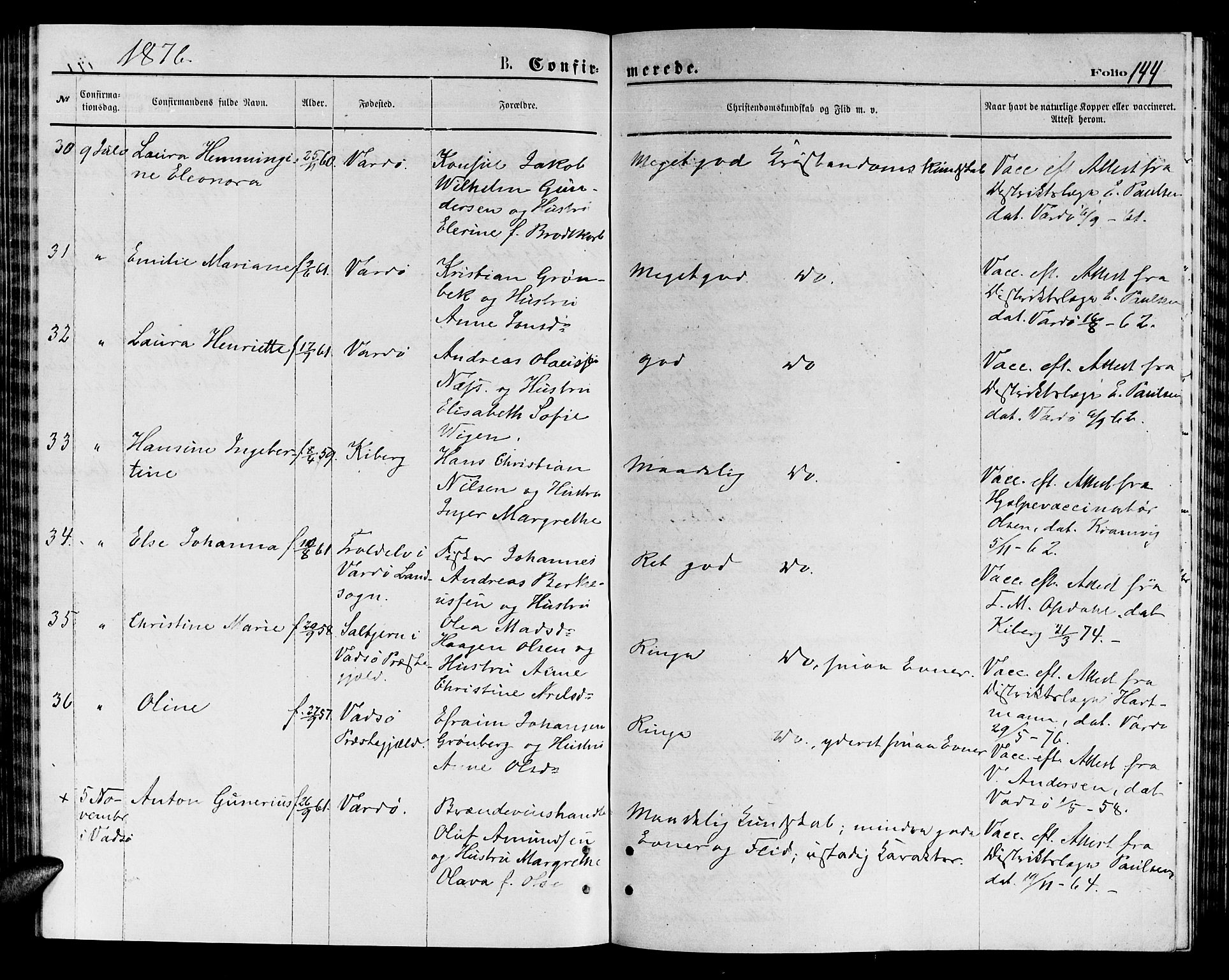 Vardø sokneprestkontor, AV/SATØ-S-1332/H/Hb/L0003klokker: Parish register (copy) no. 3, 1871-1878, p. 144