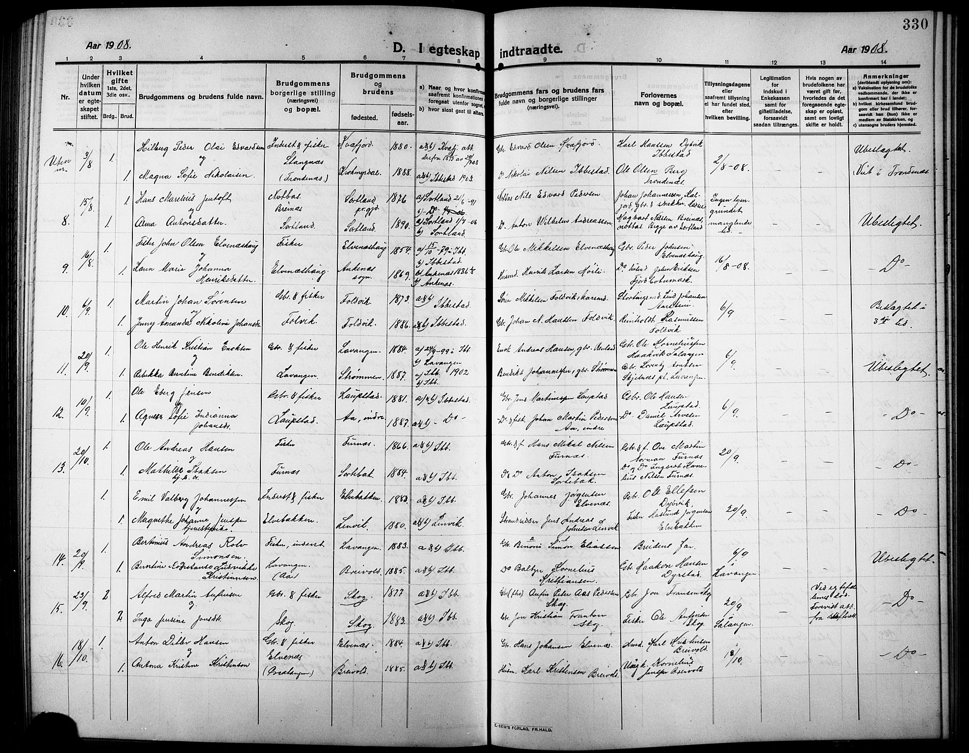 Ibestad sokneprestembete, SATØ/S-0077/H/Ha/Hab/L0009klokker: Parish register (copy) no. 9, 1902-1914, p. 330