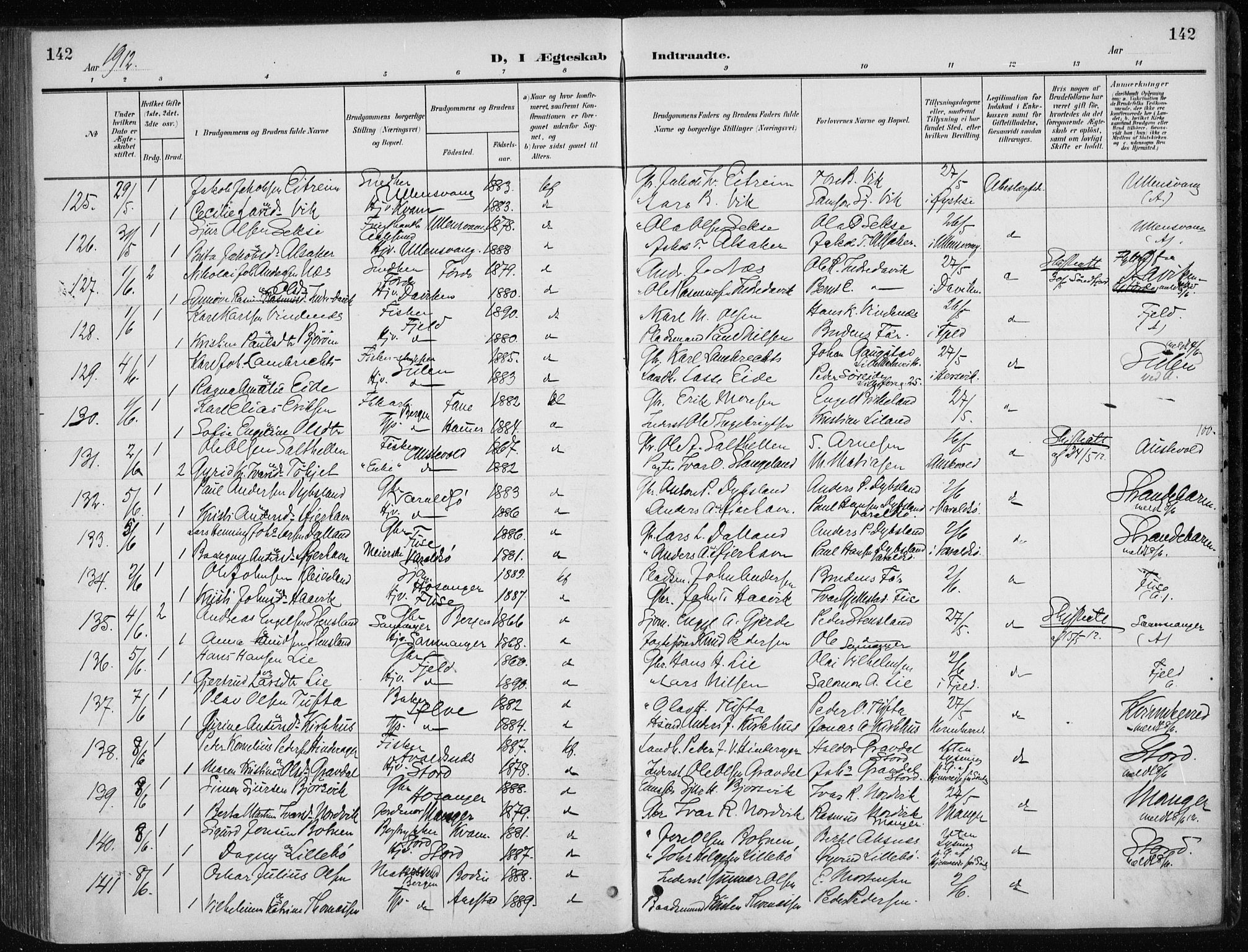 Nykirken Sokneprestembete, SAB/A-77101/H/Haa/L0035: Parish register (official) no. D 5, 1905-1913, p. 142