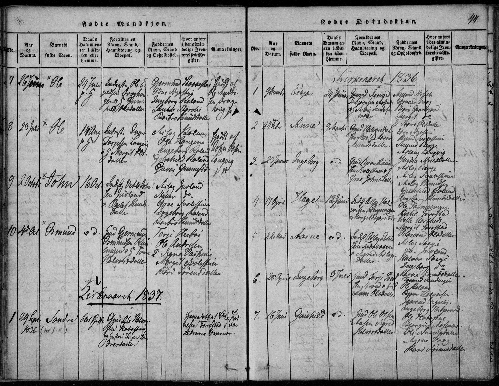 Rauland kirkebøker, SAKO/A-292/F/Fa/L0001: Parish register (official) no. 1, 1814-1859, p. 44