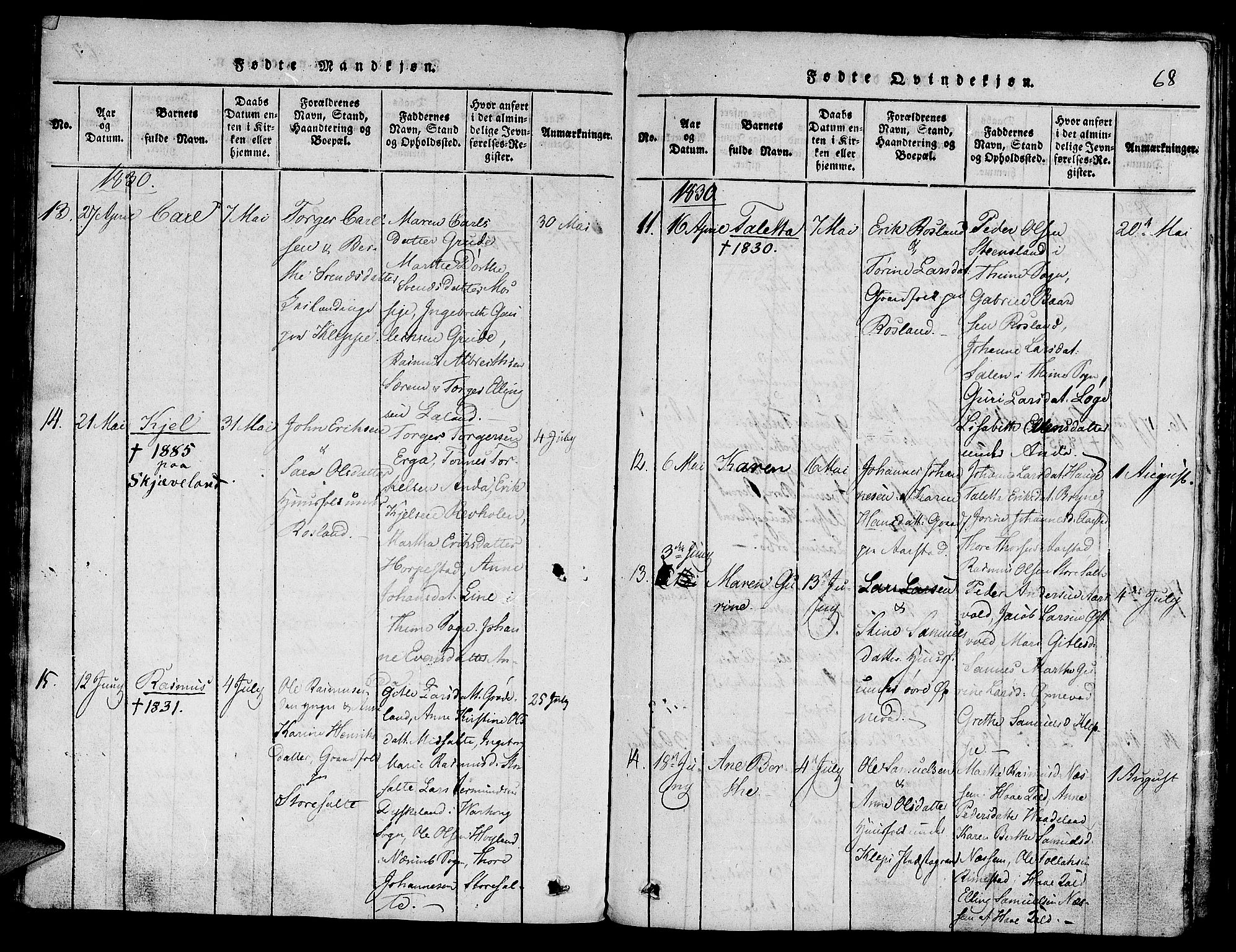 Klepp sokneprestkontor, AV/SAST-A-101803/001/3/30BA/L0002: Parish register (official) no. A 2, 1816-1833, p. 68