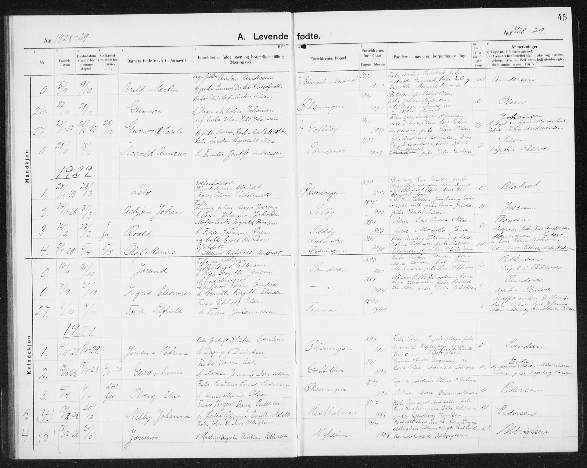 Ministerialprotokoller, klokkerbøker og fødselsregistre - Nordland, SAT/A-1459/834/L0517: Parish register (copy) no. 834C07, 1919-1939, p. 45