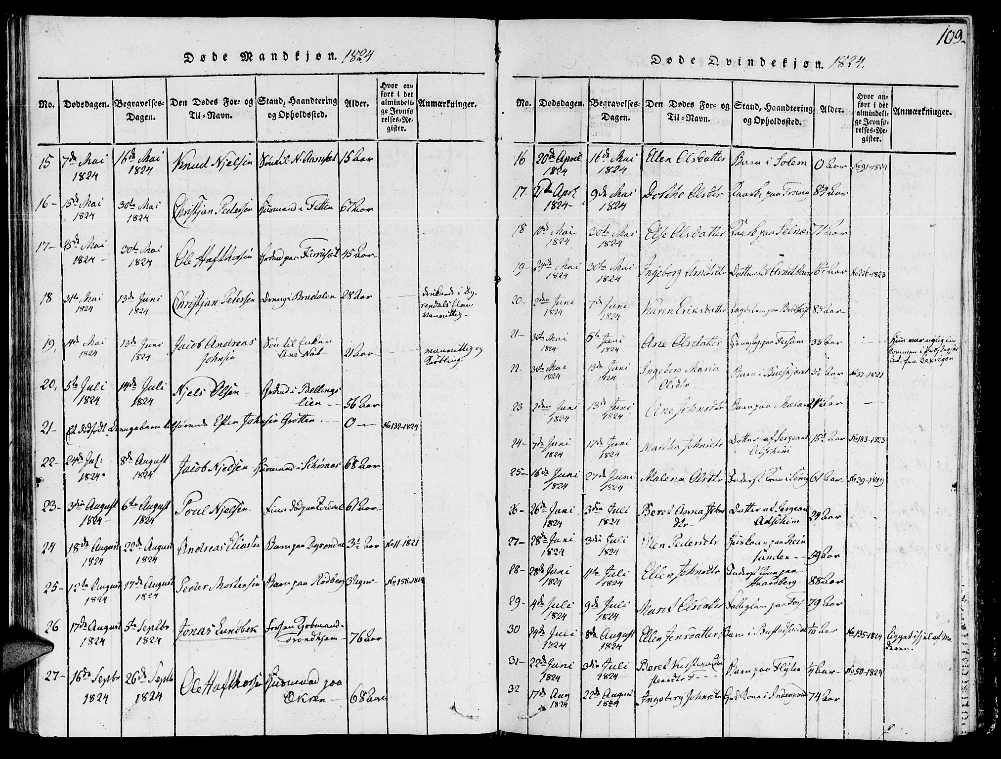 Ministerialprotokoller, klokkerbøker og fødselsregistre - Sør-Trøndelag, AV/SAT-A-1456/646/L0608: Parish register (official) no. 646A06, 1816-1825, p. 109