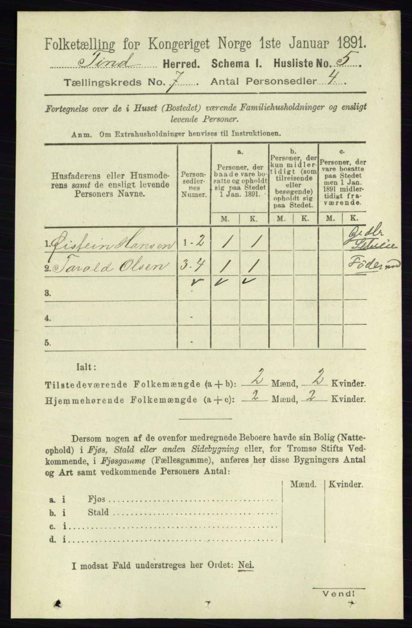 RA, 1891 census for 0826 Tinn, 1891, p. 1399