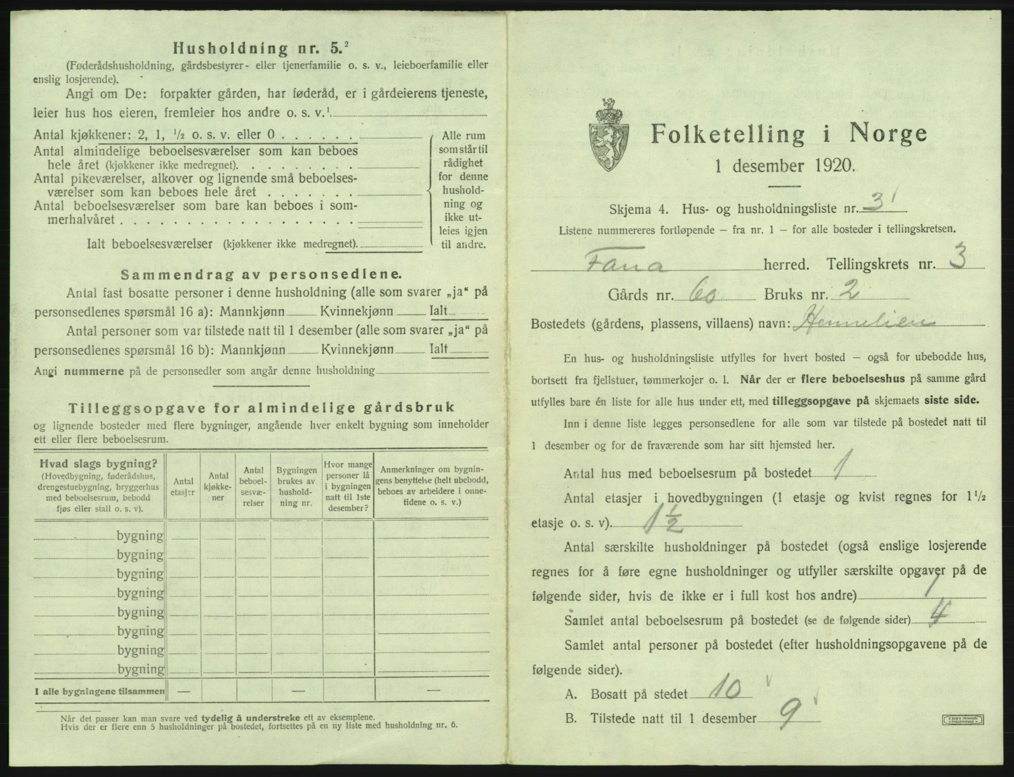 SAB, 1920 census for Fana, 1920, p. 292