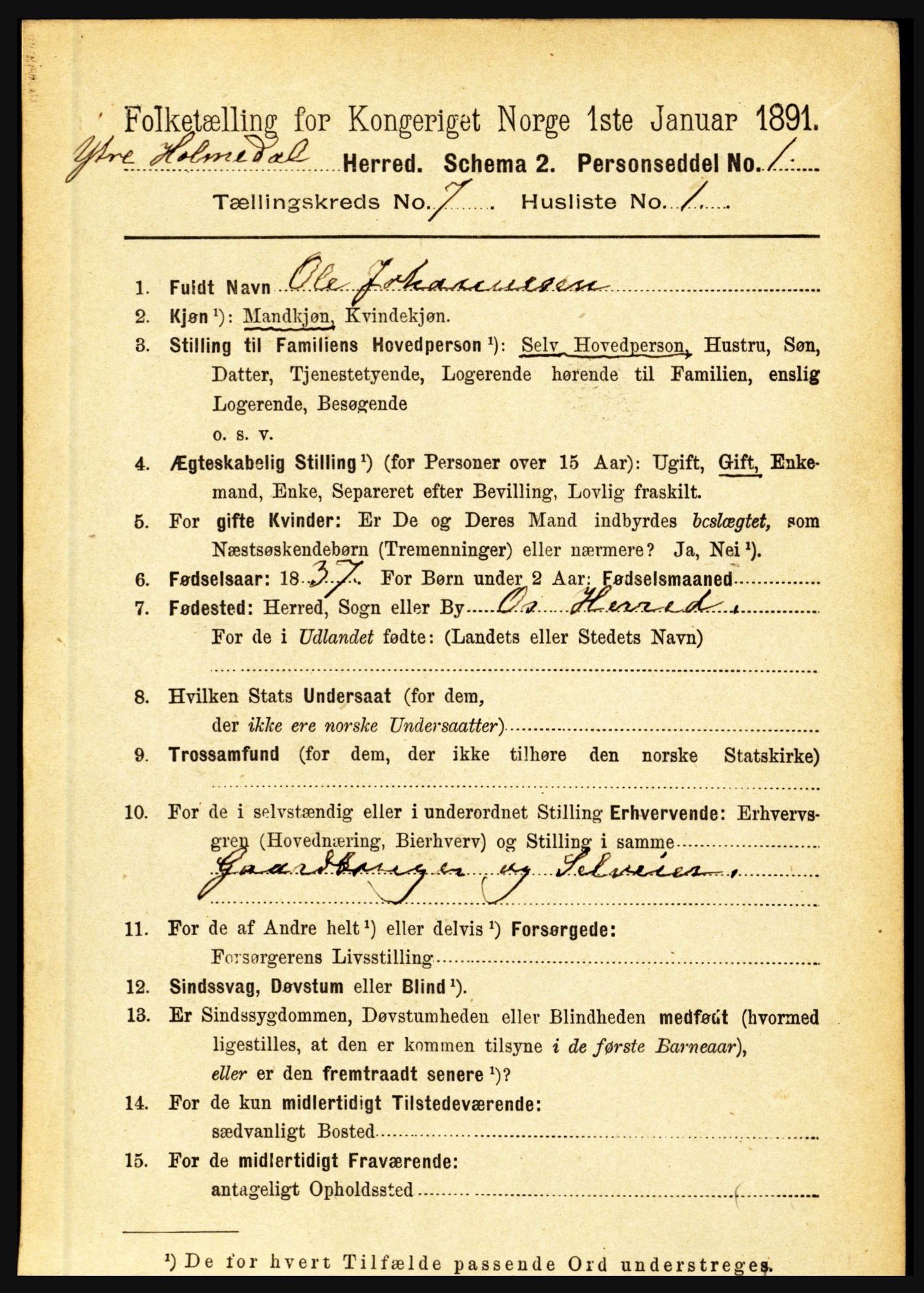 RA, 1891 census for 1429 Ytre Holmedal, 1891, p. 1591