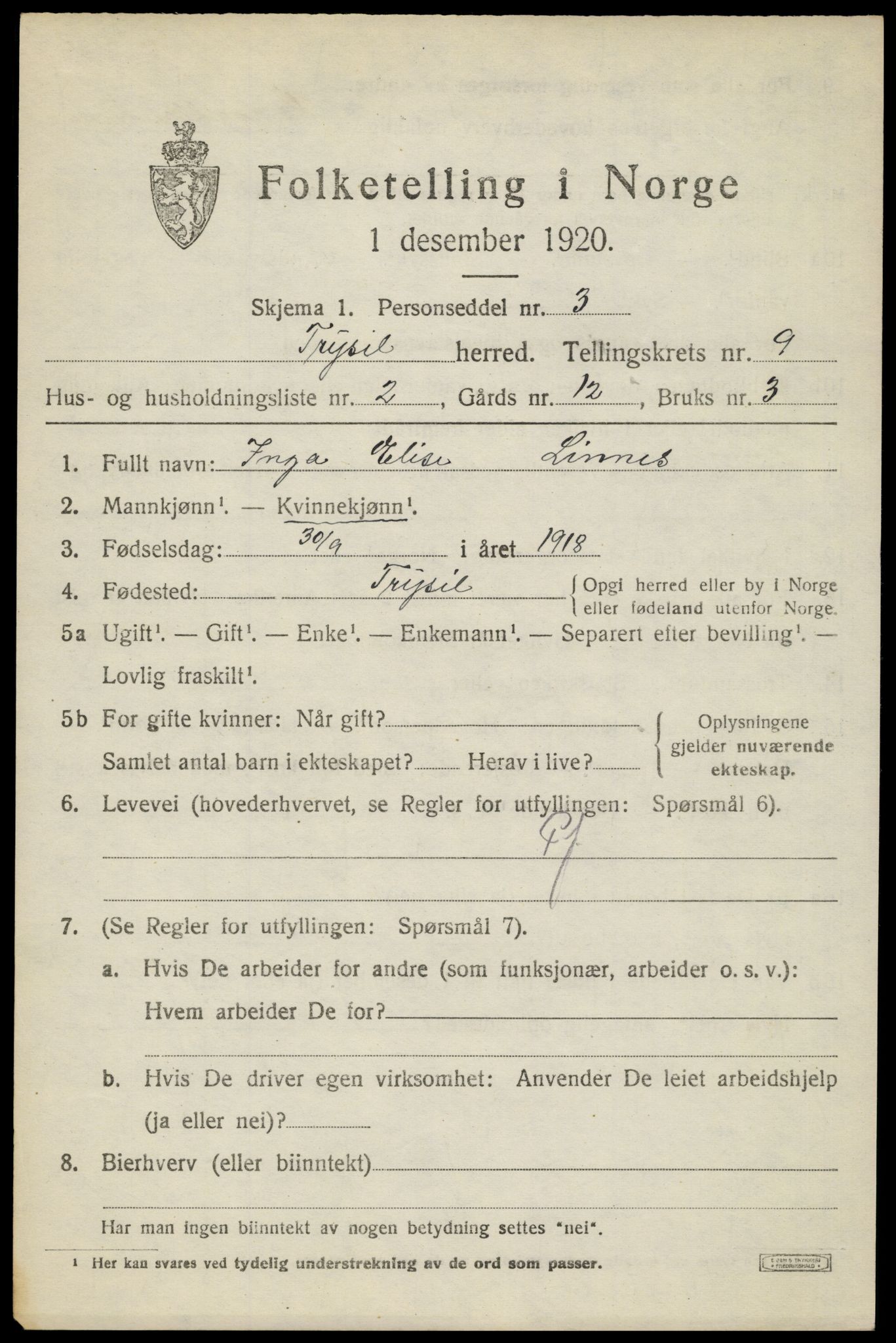 SAH, 1920 census for Trysil, 1920, p. 6579