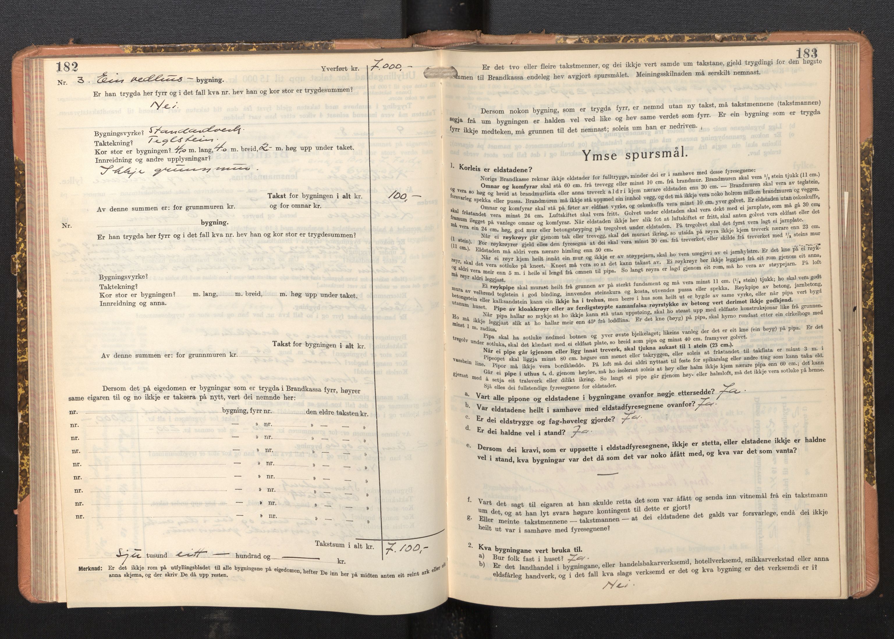 Lensmannen i Leikanger, AV/SAB-A-29201/0012/L0008: Branntakstprotokoll, skjematakst, 1937-1946, p. 182-183