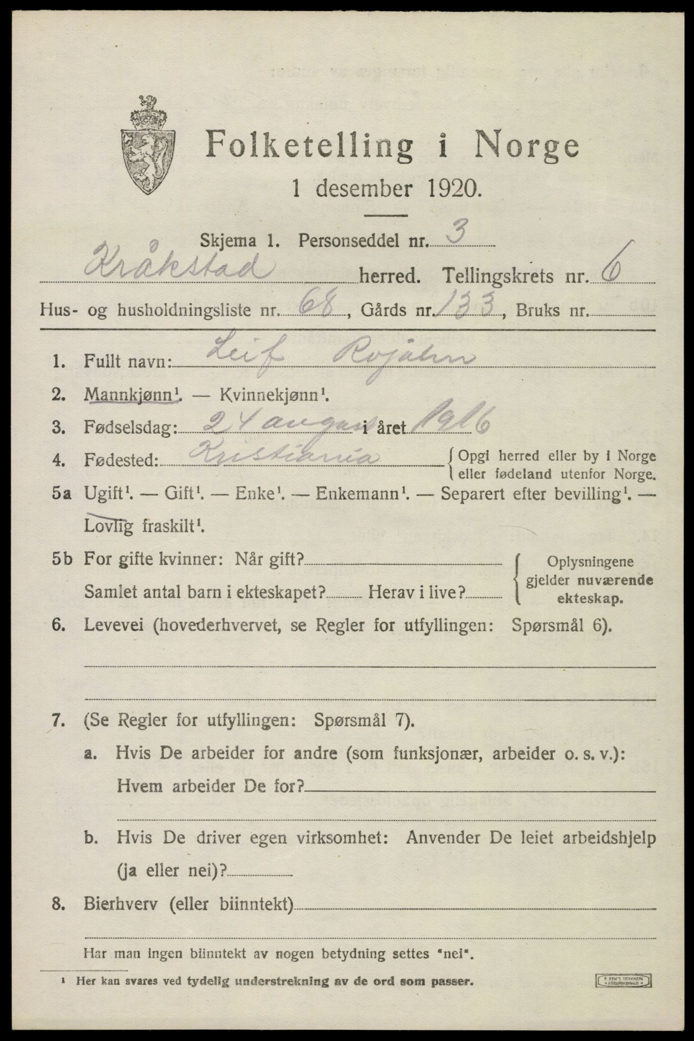 SAO, 1920 census for Kråkstad, 1920, p. 6785