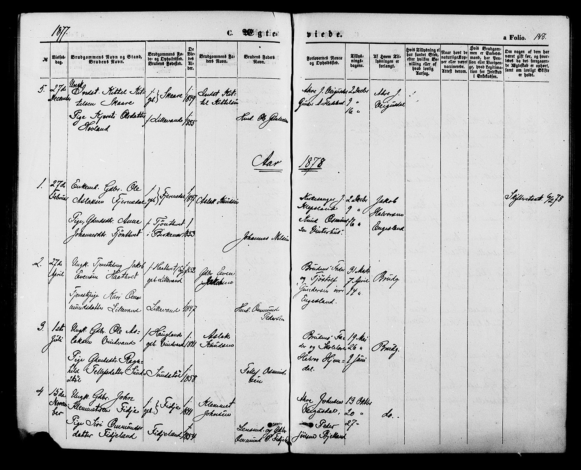 Herefoss sokneprestkontor, SAK/1111-0019/F/Fa/Fab/L0003: Parish register (official) no. A 3, 1875-1886, p. 148