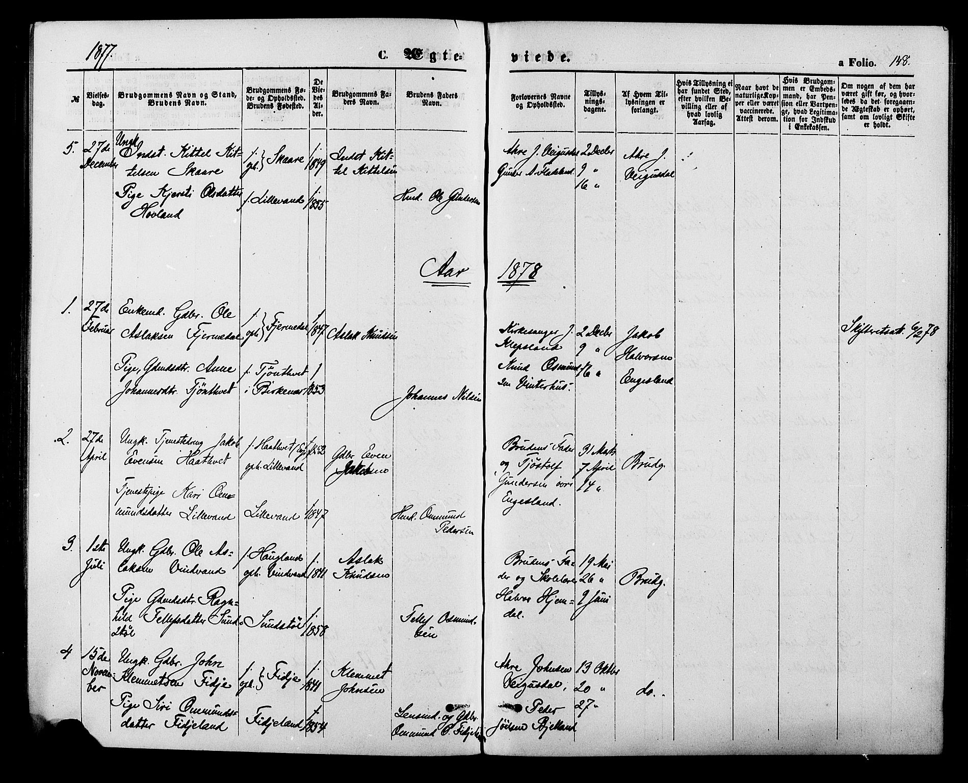 Herefoss sokneprestkontor, AV/SAK-1111-0019/F/Fa/Fab/L0003: Parish register (official) no. A 3, 1875-1886, p. 148