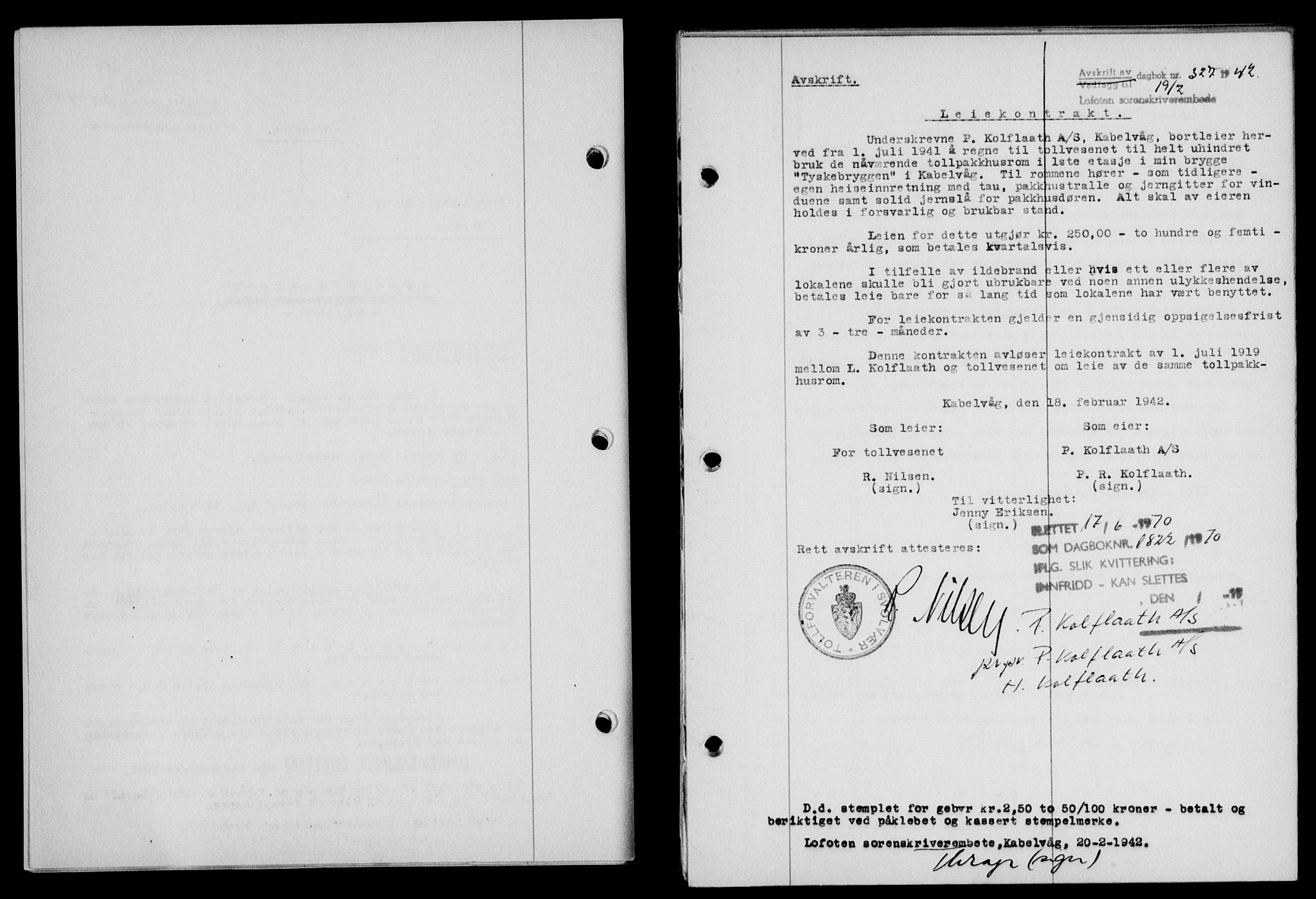 Lofoten sorenskriveri, SAT/A-0017/1/2/2C/L0009a: Mortgage book no. 9a, 1941-1942, Diary no: : 327/1942