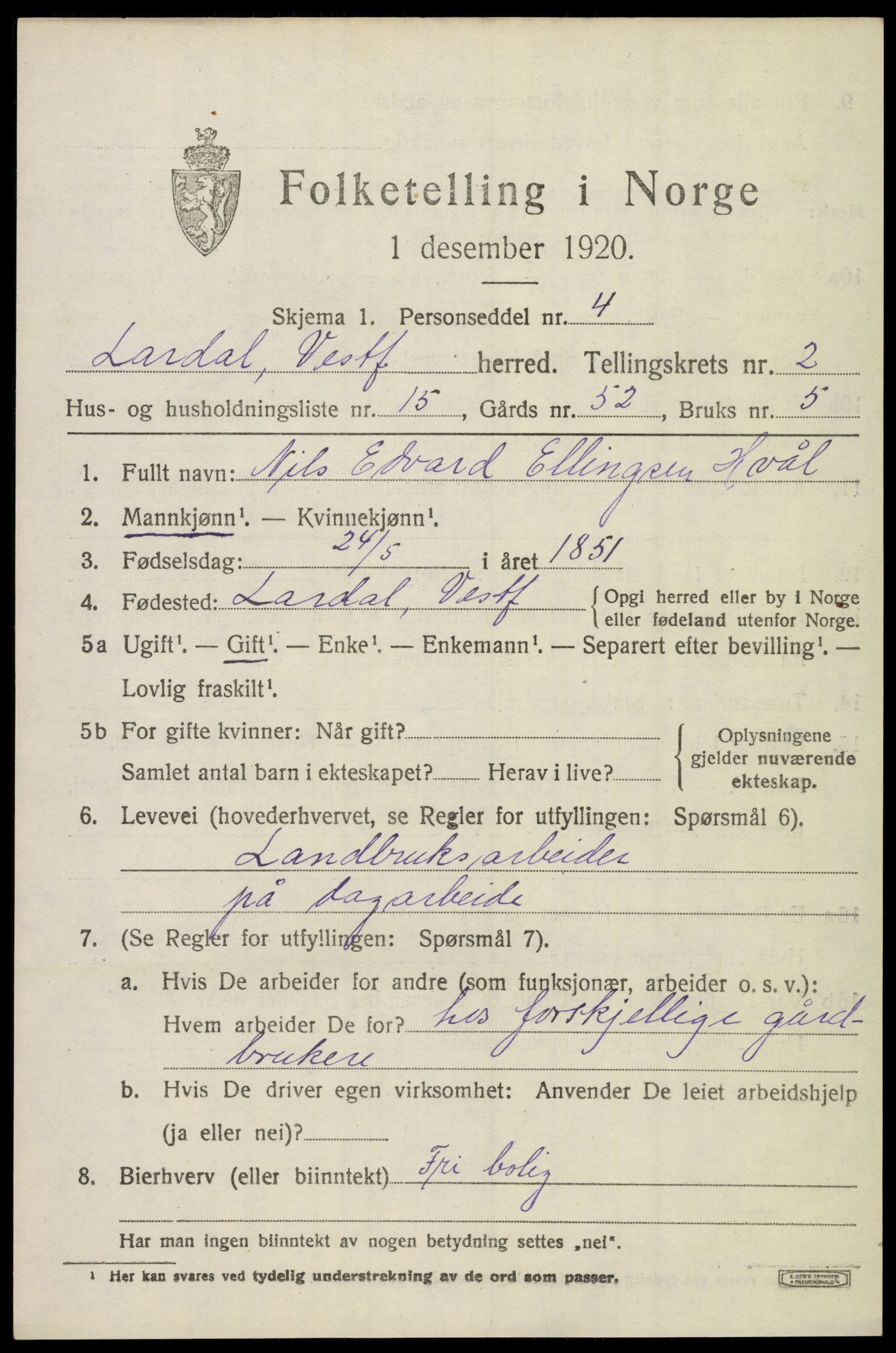 SAKO, 1920 census for Lardal, 1920, p. 2155