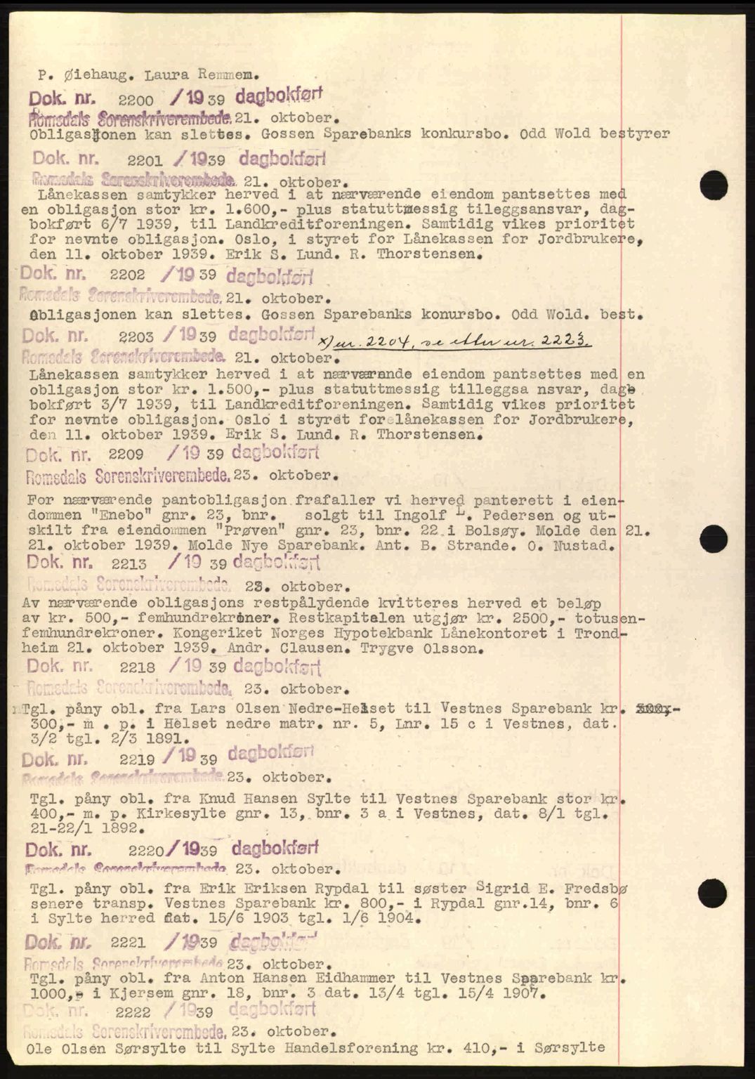 Romsdal sorenskriveri, AV/SAT-A-4149/1/2/2C: Mortgage book no. C1a, 1936-1945, Diary no: : 2200/1939