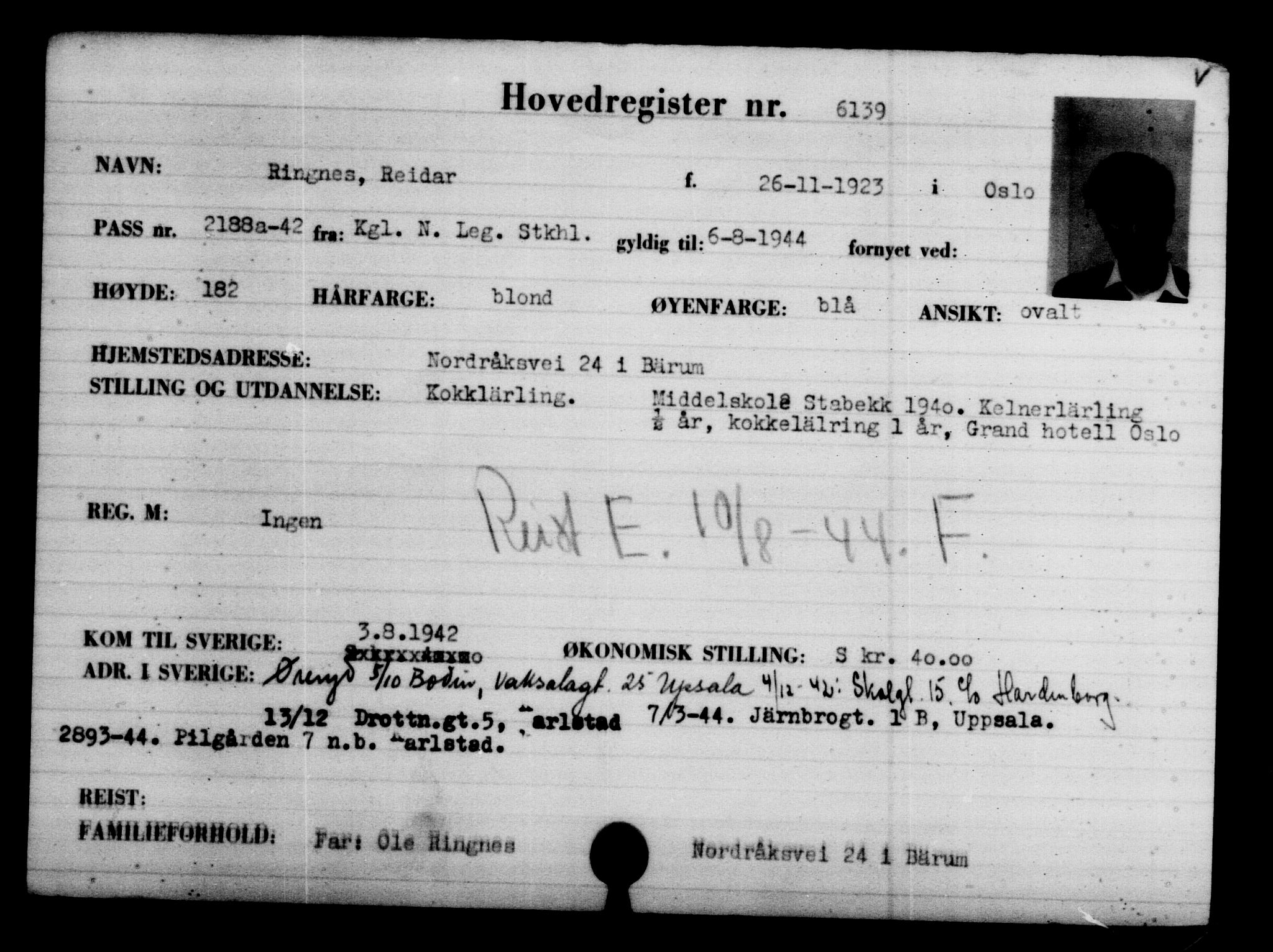 Utenriksstasjonene, Legasjonen i Stockholm, Flyktningkontoret, AV/RA-S-6753/V/Va/L0004: Kjesäterkartoteket, flyktninger med registreringsnr. 3496-6610, 1940-1945, p. 3098