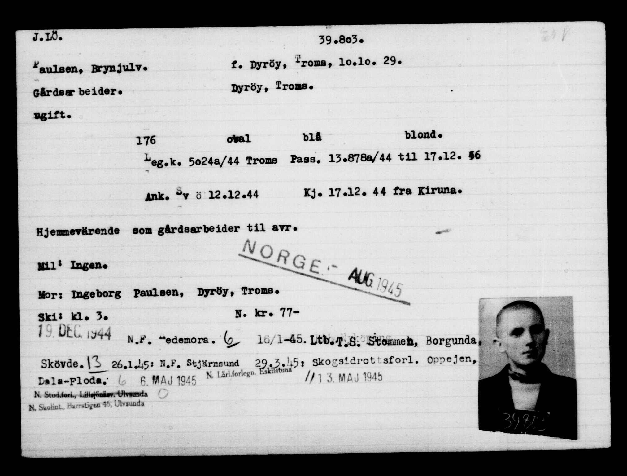 Utenriksstasjonene, Legasjonen i Stockholm, Flyktningkontoret, AV/RA-S-6753/V/Va/L0015: Kjesäterkartoteket, flyktninger med registreringsnr. 37800-40770, 1940-1945, p. 2065